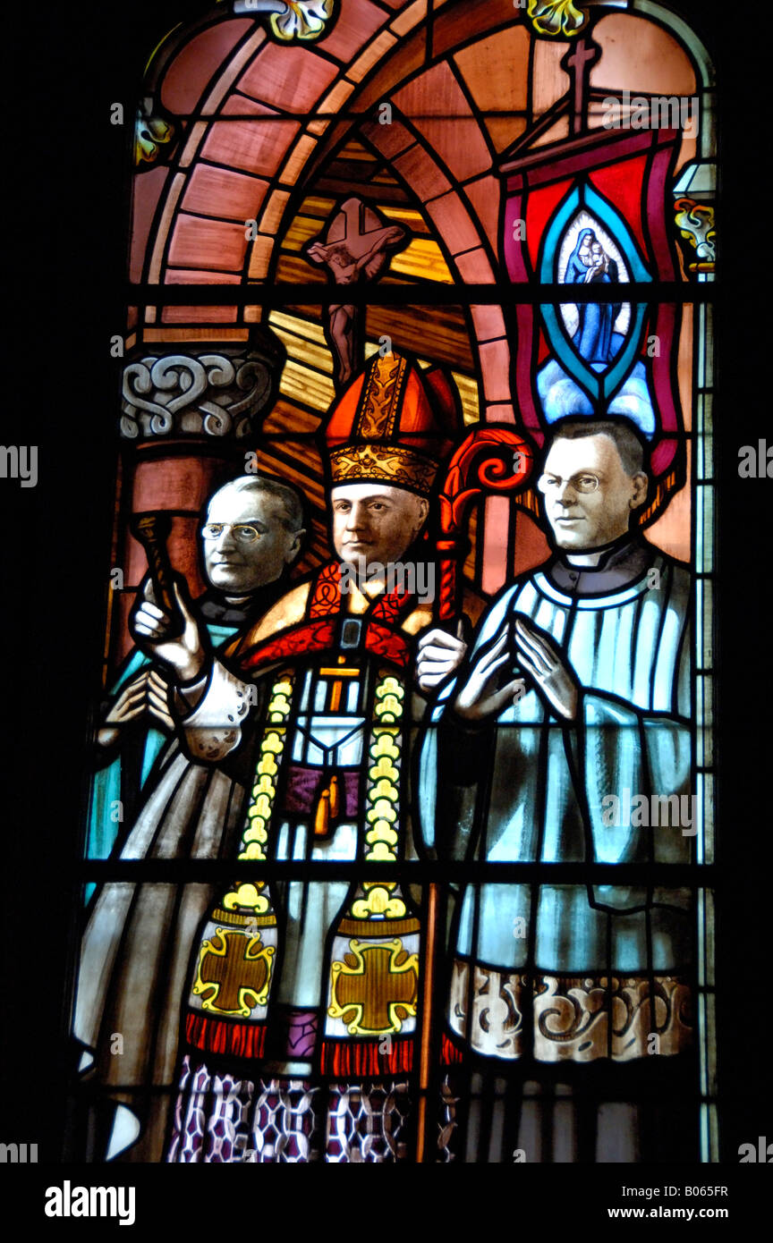 Canada, Quebec, Montreal. Interior stained glass of Notre Dame Basilica of Montreal Stock Photo