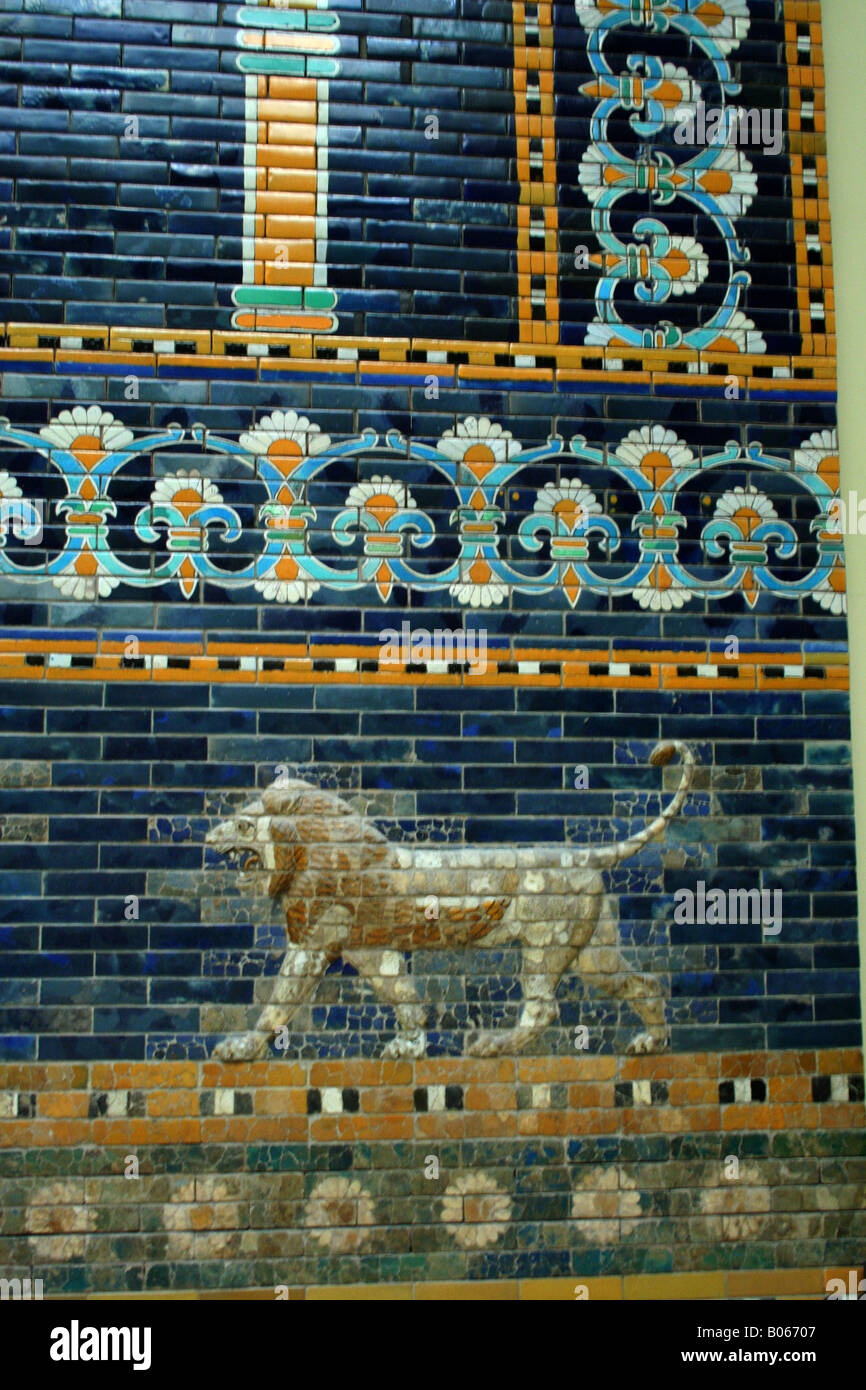 lion in ceramics on the reconstructed Ishtar gate (Babylon) in Pergamon museum, Berlin, Germany Stock Photo