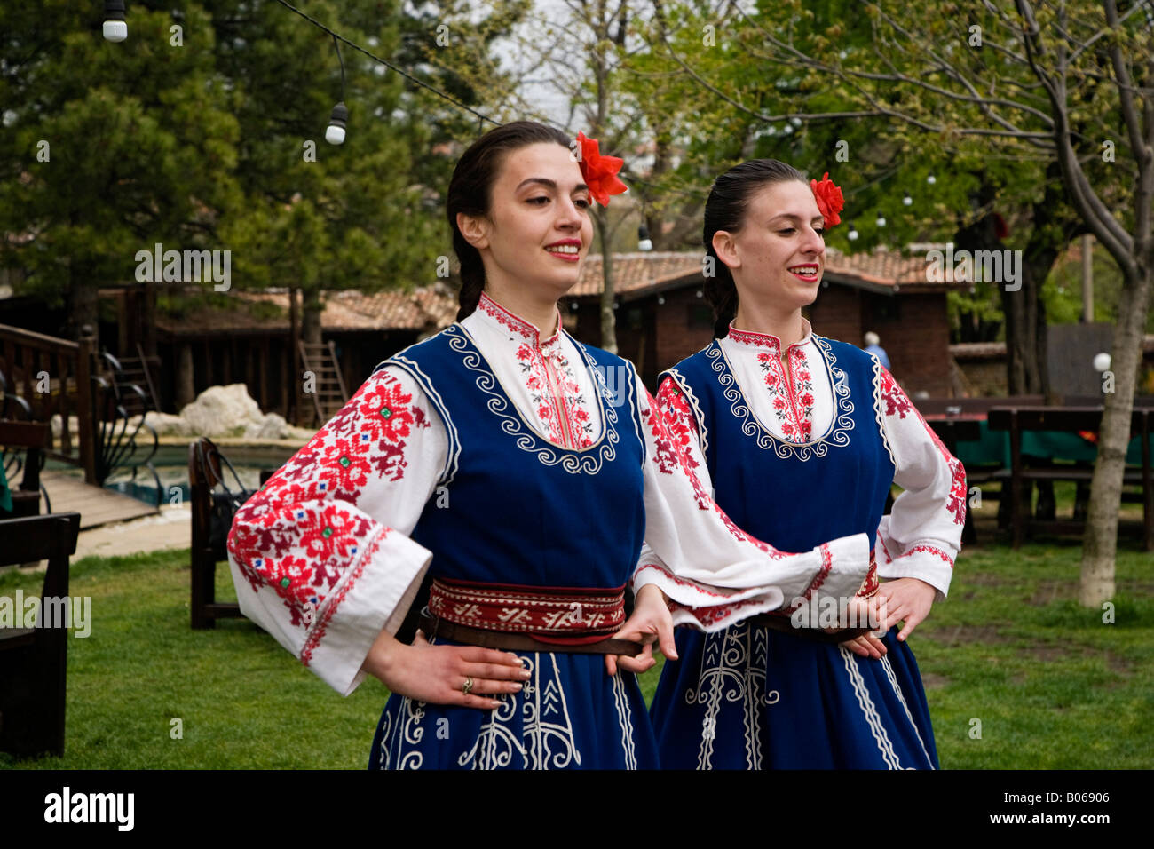 A stop for lunch at a folk style restaurant with live folklore entertainment in Arbanassi Bulgaria. Stock Photo