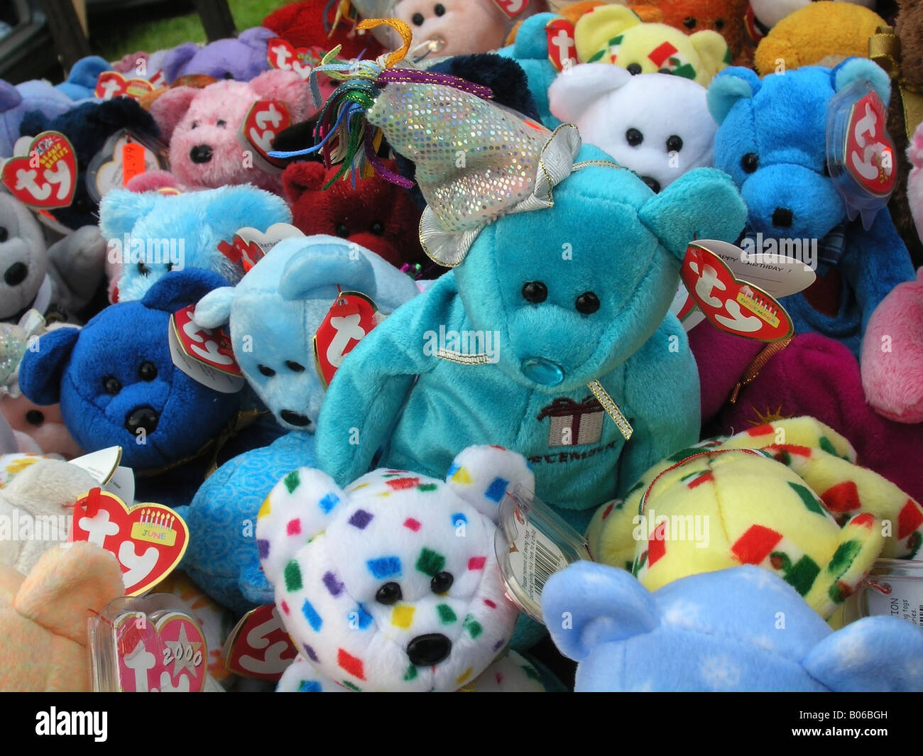 collection of muddled up cuddly toys Stock Photo