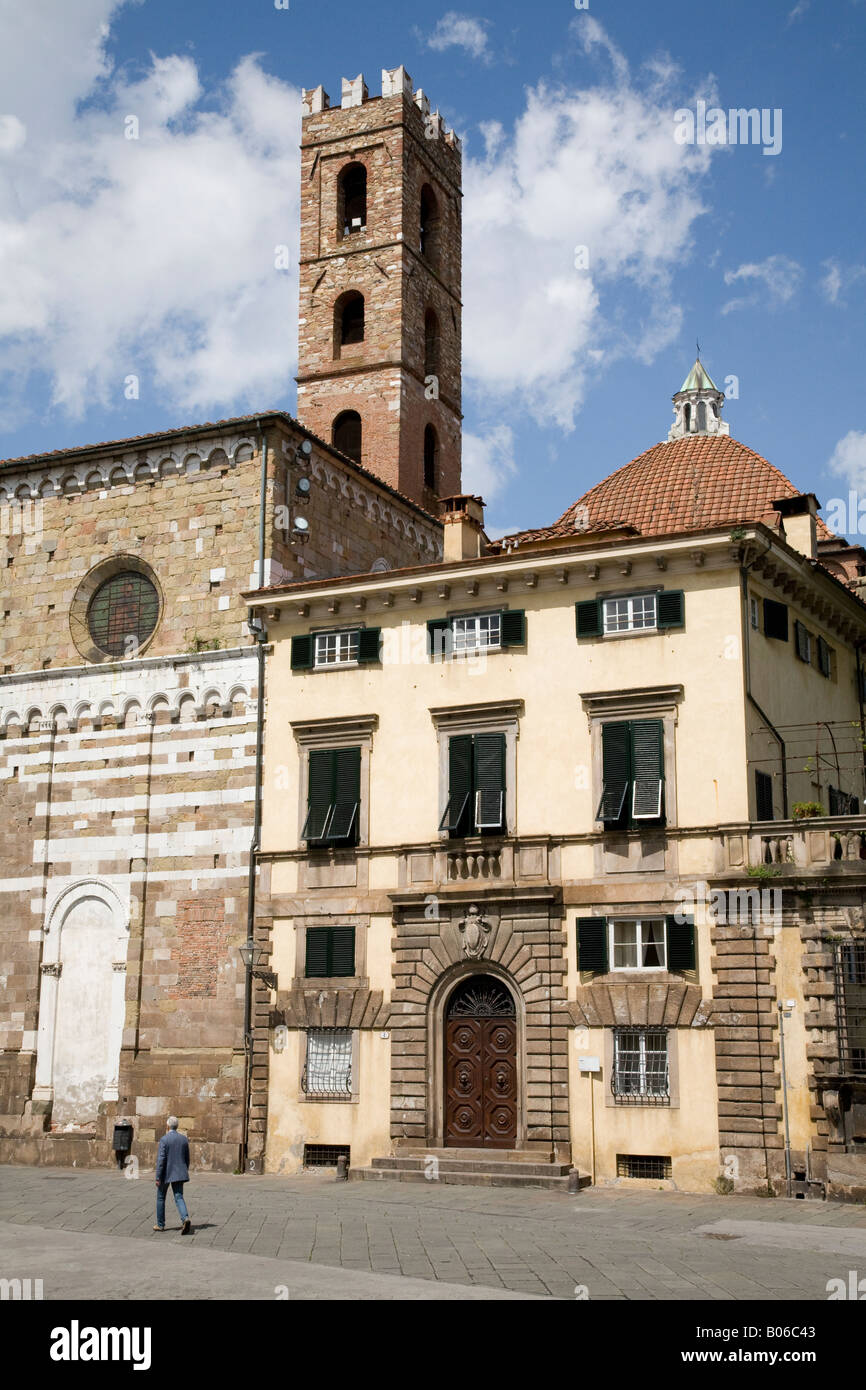 in the foreground Piazza San Martino in the background the campanile and church on San Giovanni Lucca Italy Stock Photo