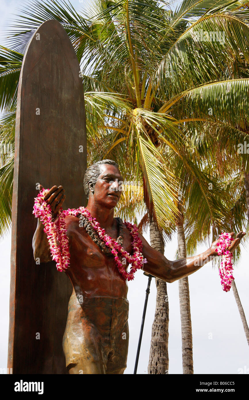 Bronze statue to Duke Kahanamoku on the sea front along Waikiki beach,Oahu,Hawaii. Stock Photo