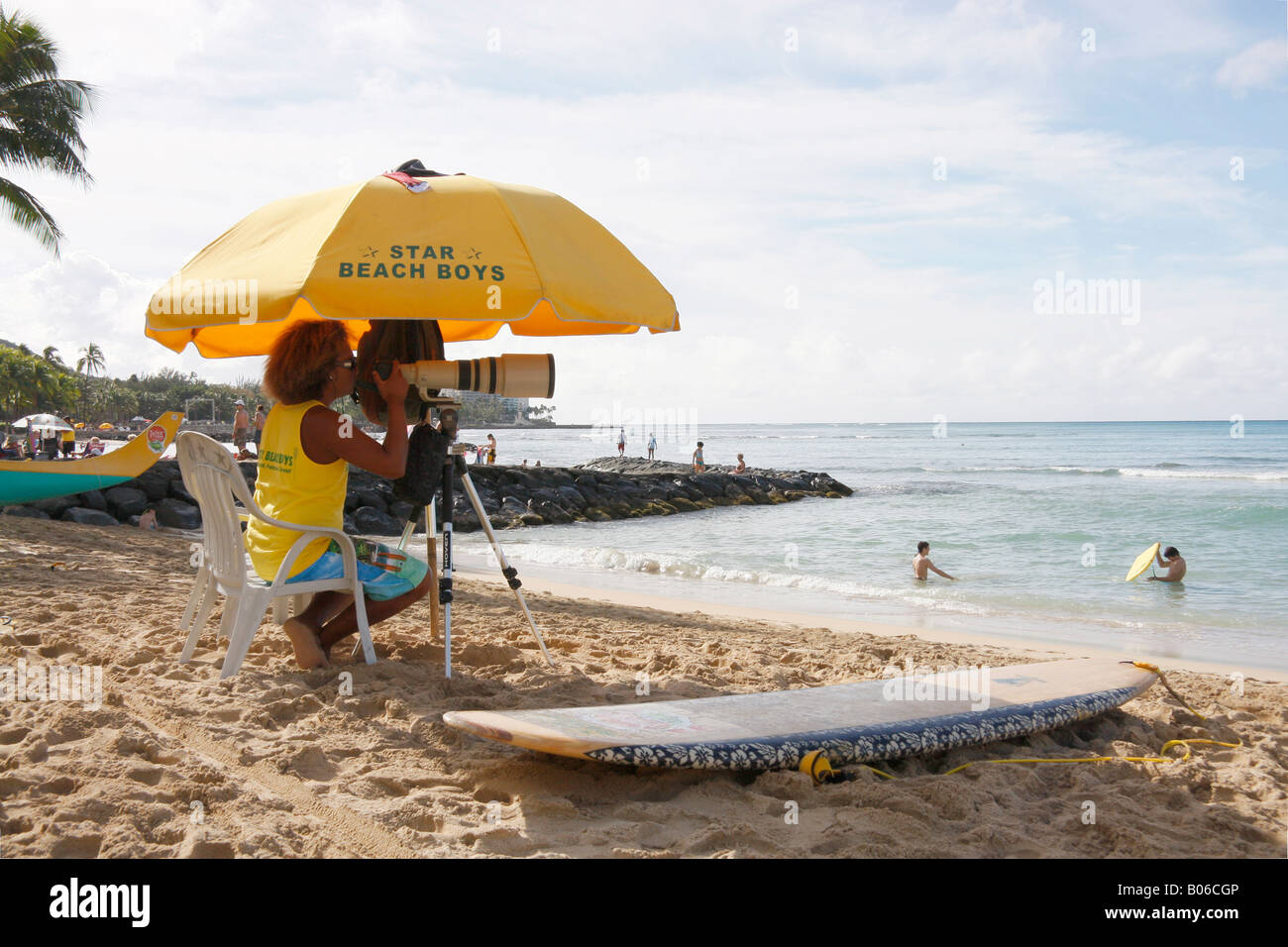 Photographer taking photographs of the 'beginners' surfing students in the surf school.Waikiki beach. Stock Photo