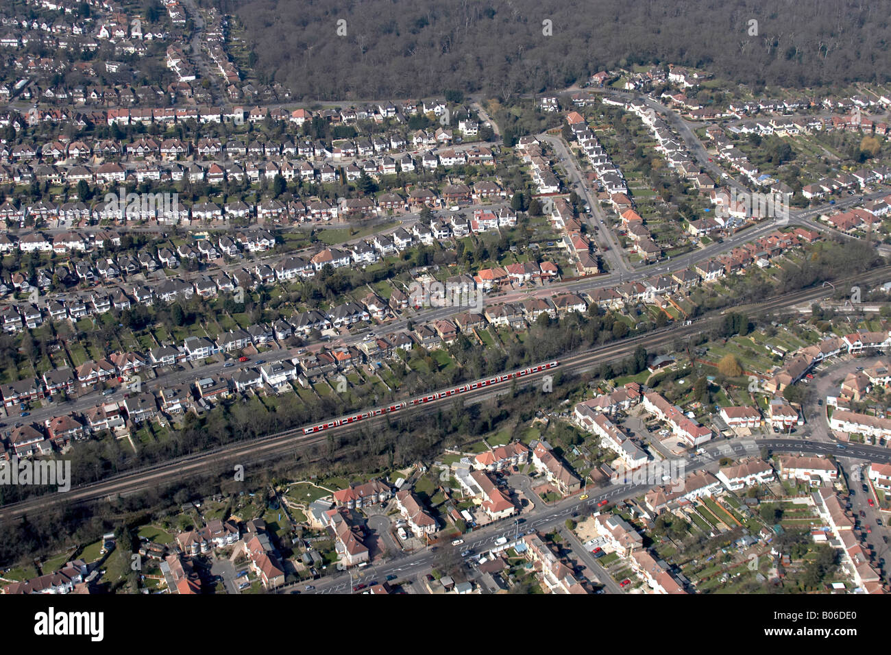 Aerial view north west of suburban houses Buckhurst Hill Redbridge London IG9 England UK High level oblique Stock Photo