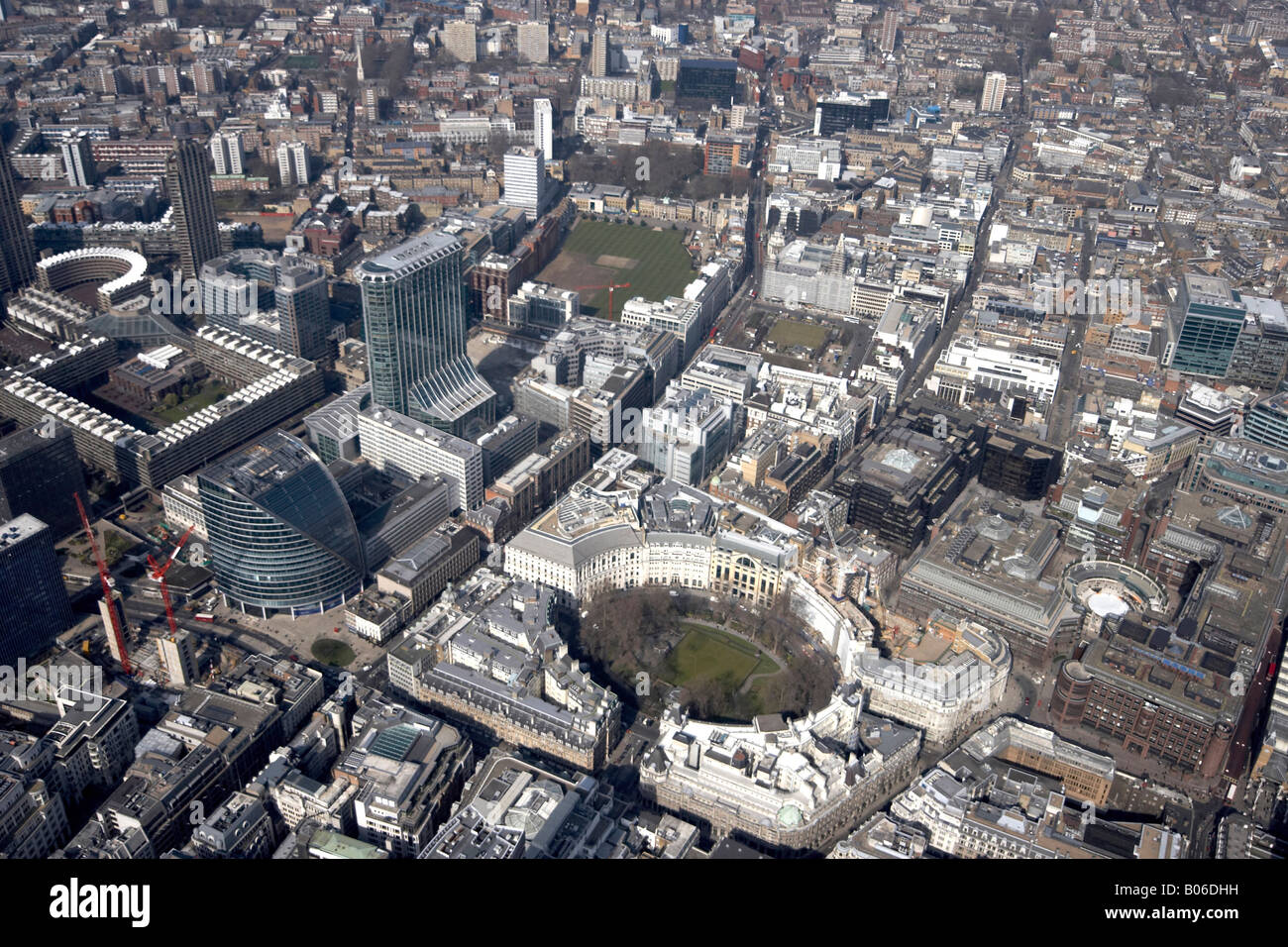 Aerial view north west of Finsbury Circus Broadgate Circle Britanic Tower urban offices City of London EC2 England UK High level Stock Photo