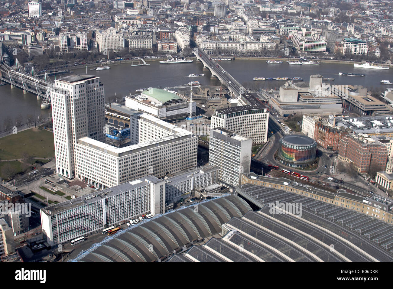Aerial view north west of Waterloo International Station South Bank Centre Royal Festival Hall Hungerford Waterloo Bridges Lambe Stock Photo