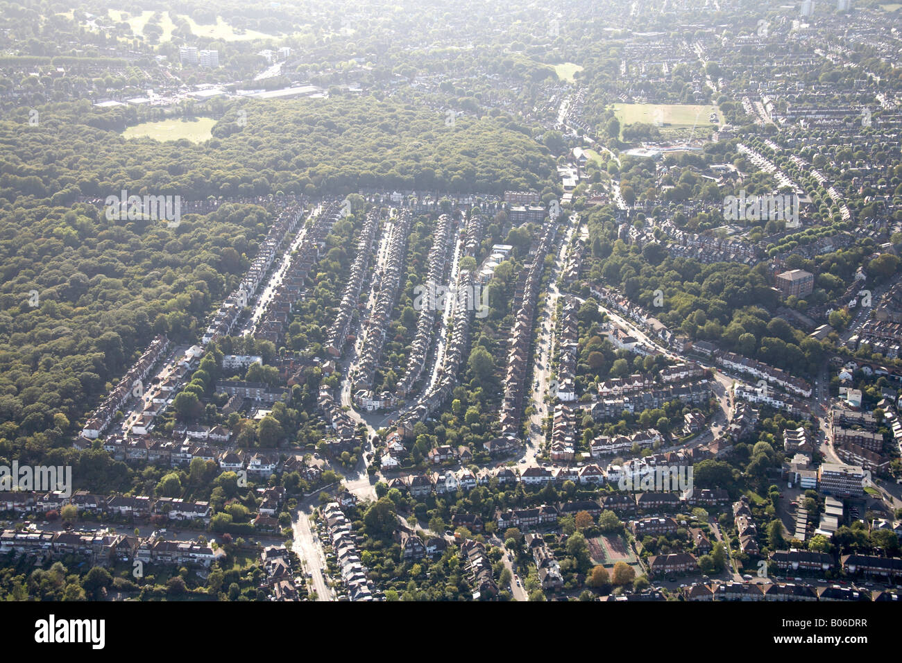 Aerial view south west of Queen s Wood Highgate Wood suburban houses Cranley Gardens Muswell Hill London N6 N10 England UK Stock Photo
