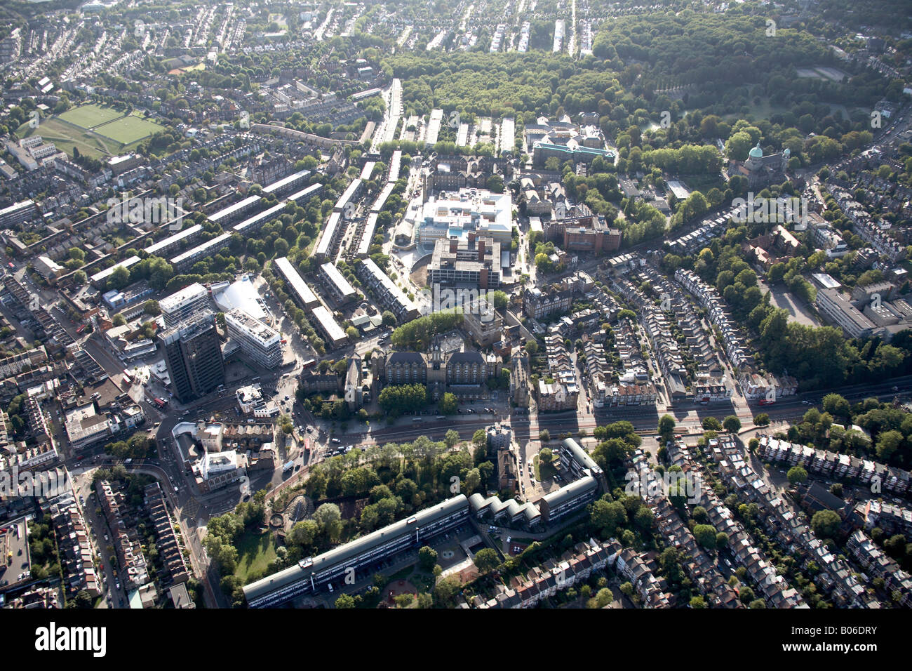 Aerial view south west ofArchway Highgate Hill Whittington Hospital Highgate Cemetery suburban housing London NW5 N19 England UK Stock Photo