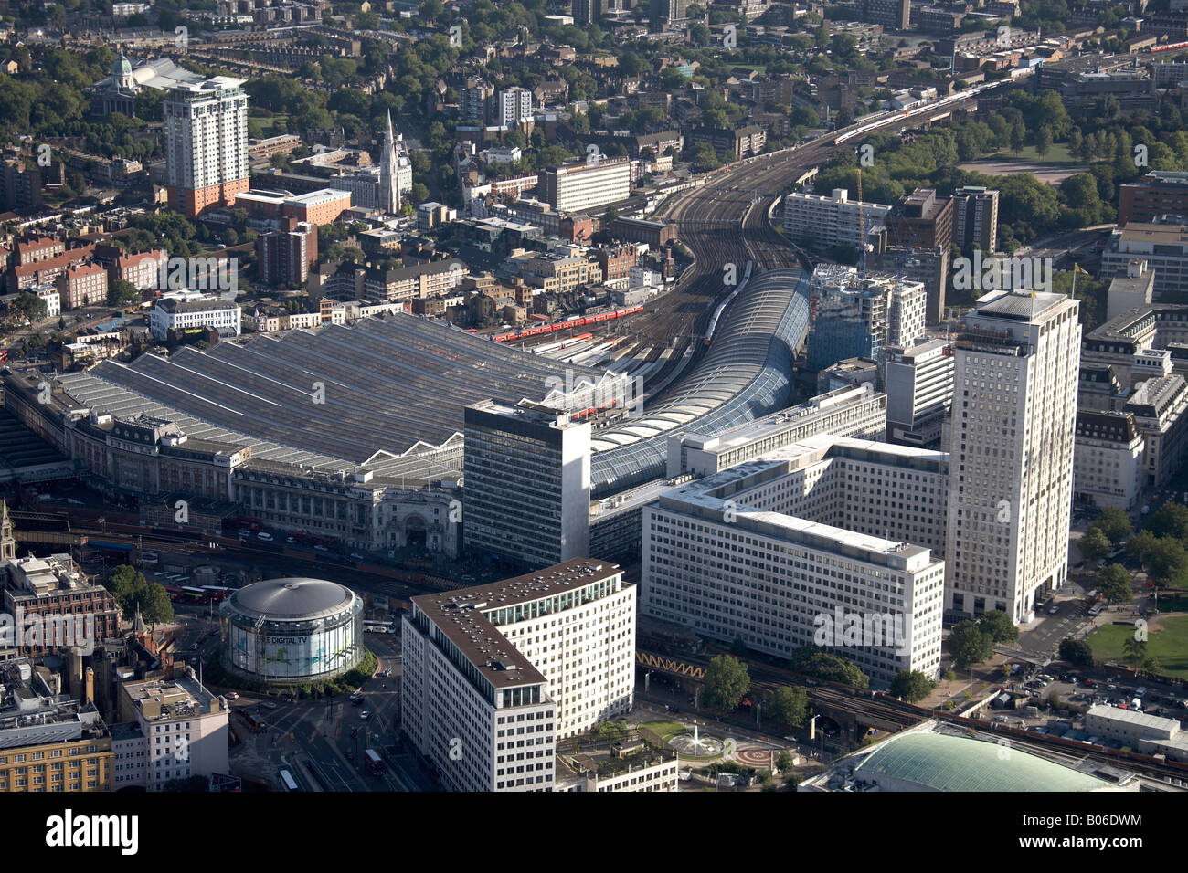 Aerial view south east of Waterloo International Station IMAX Cinema Lambeth London SE1 England UK Stock Photo