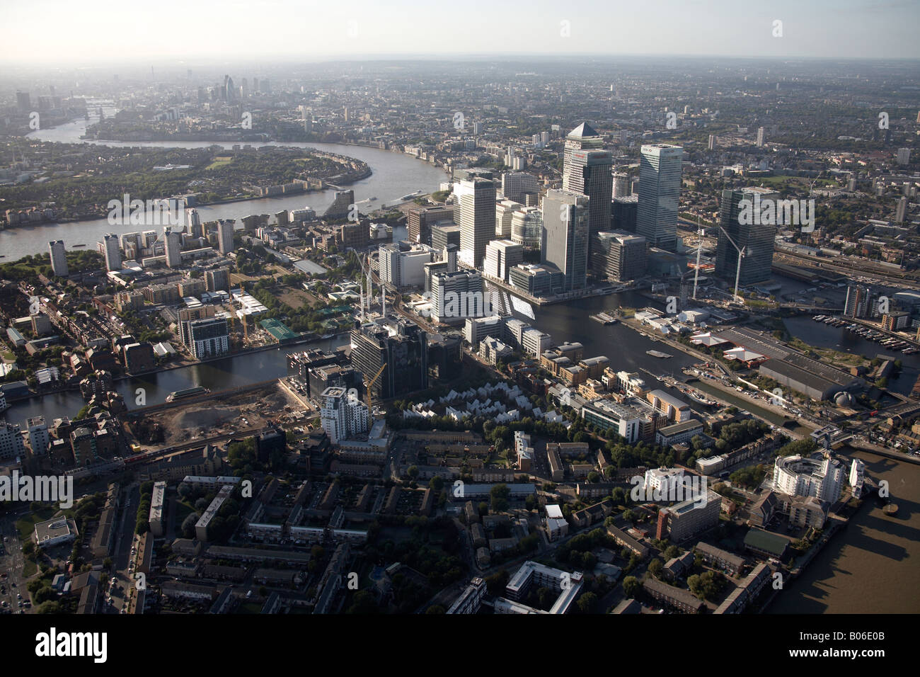 Aerial view north west of Canary Wharf Cubitt Town River Thames Rotherhithe Tower Hamlets London