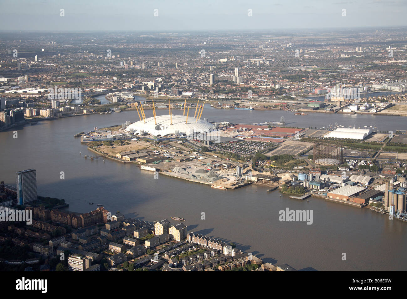 Aerial view north east of Millennium Dome North Greenwich River Thames Leamouth and Canning Town London SE10 E14 E16 England UK Stock Photo