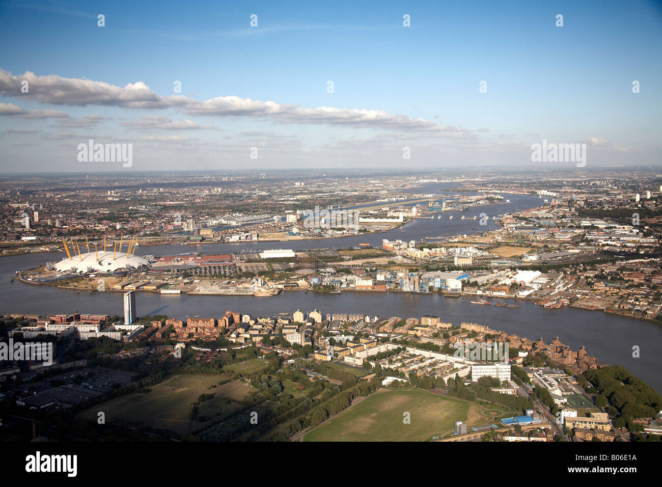 Aerial view north east of Millennium Dome North Greenwich Cubitt Town Canning Town Silvertown River Thames London SE10 E14 E16 E Stock Photo