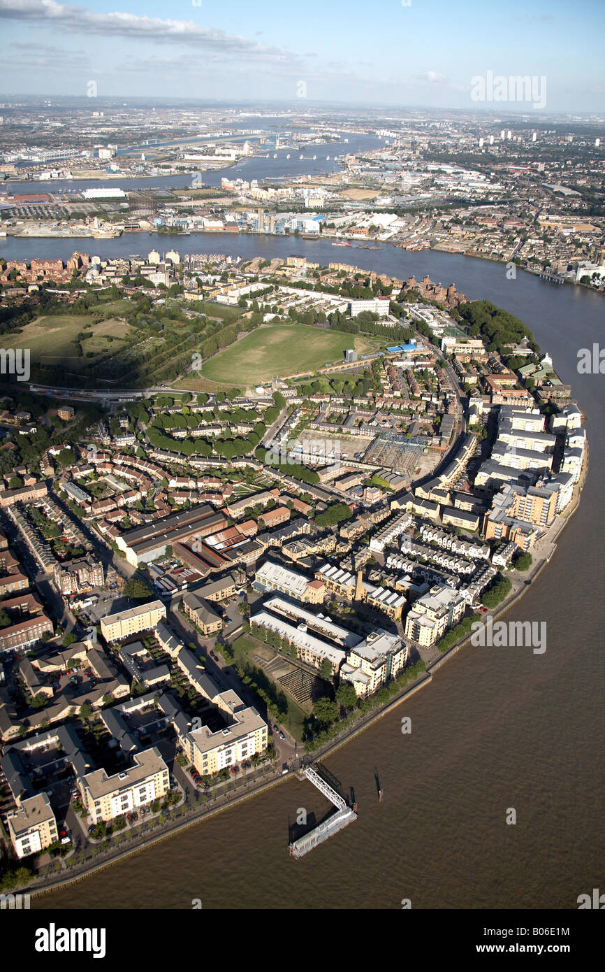 Aerial view north east of suburban housing Millwall and Cubitt Town River Thames North Greenwich London E14 SE10 England UK Stock Photo