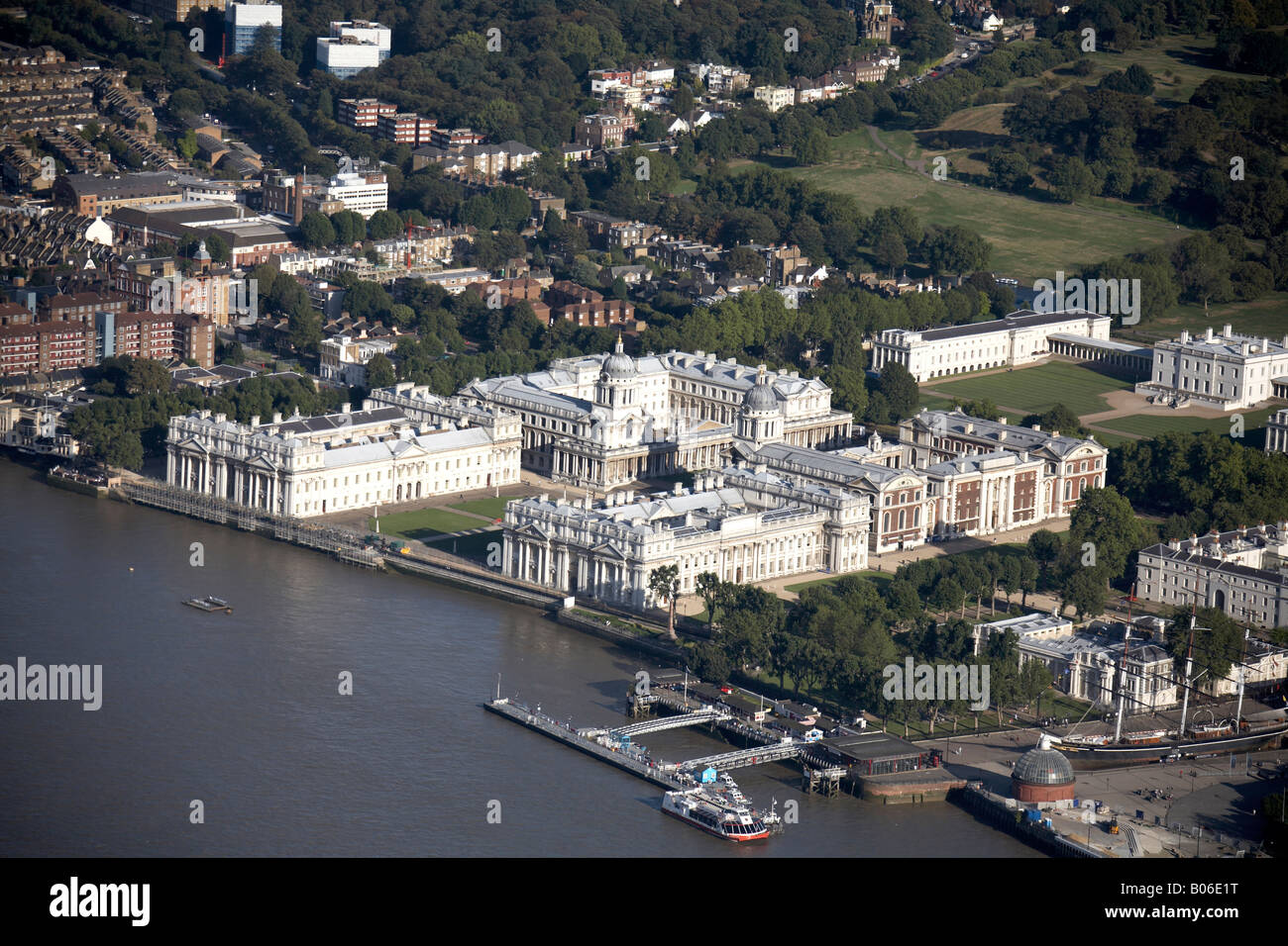 Aerial view south east of Greenwich Palace Park and National Maritime Museum River Thames London SE10 England UK Stock Photo