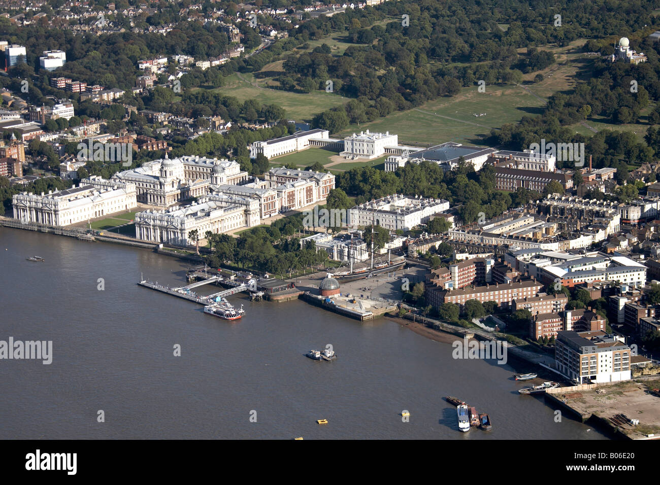 Aerial view south east of Greenwich Palace Park National Maritime Museum River Thames suburban buildings London SE10 England UK Stock Photo
