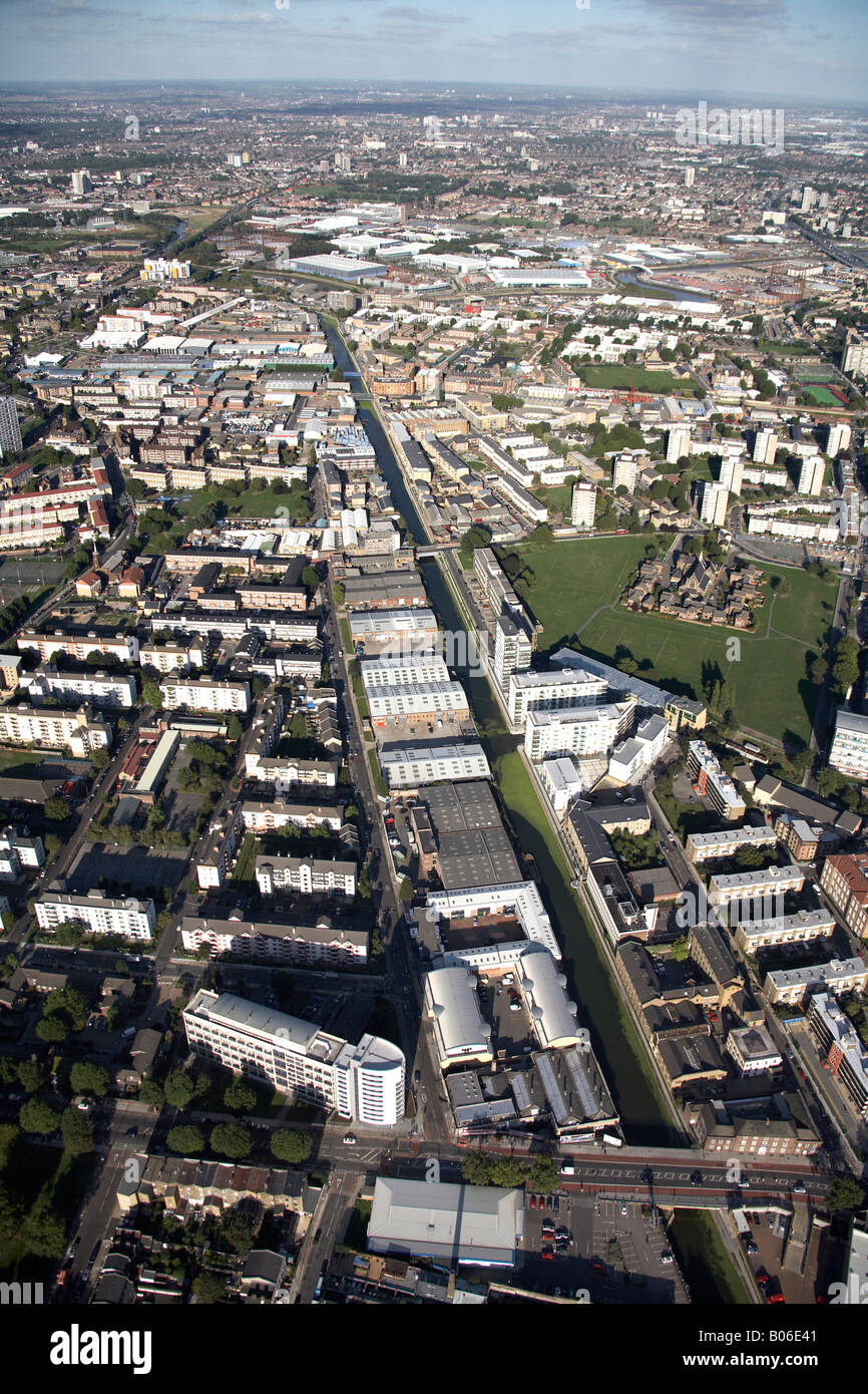Aerial view north east of suburban housing Limehouse Cut Bartlett Park