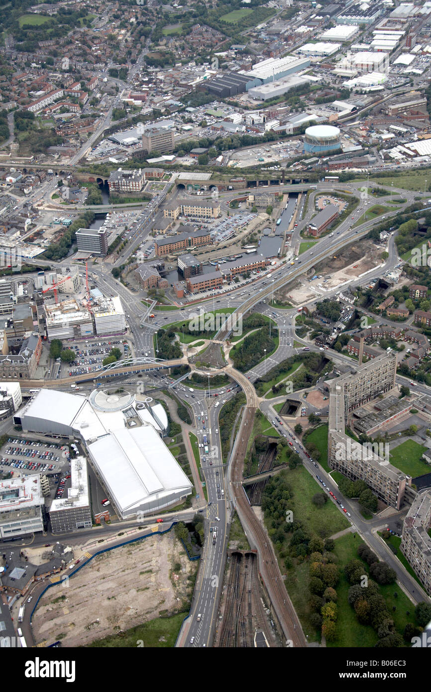 Aerial view north east of A61 A57 road Forge International Sports Centre railway junction Park Square Canal Basin Sheffield S1 S Stock Photo