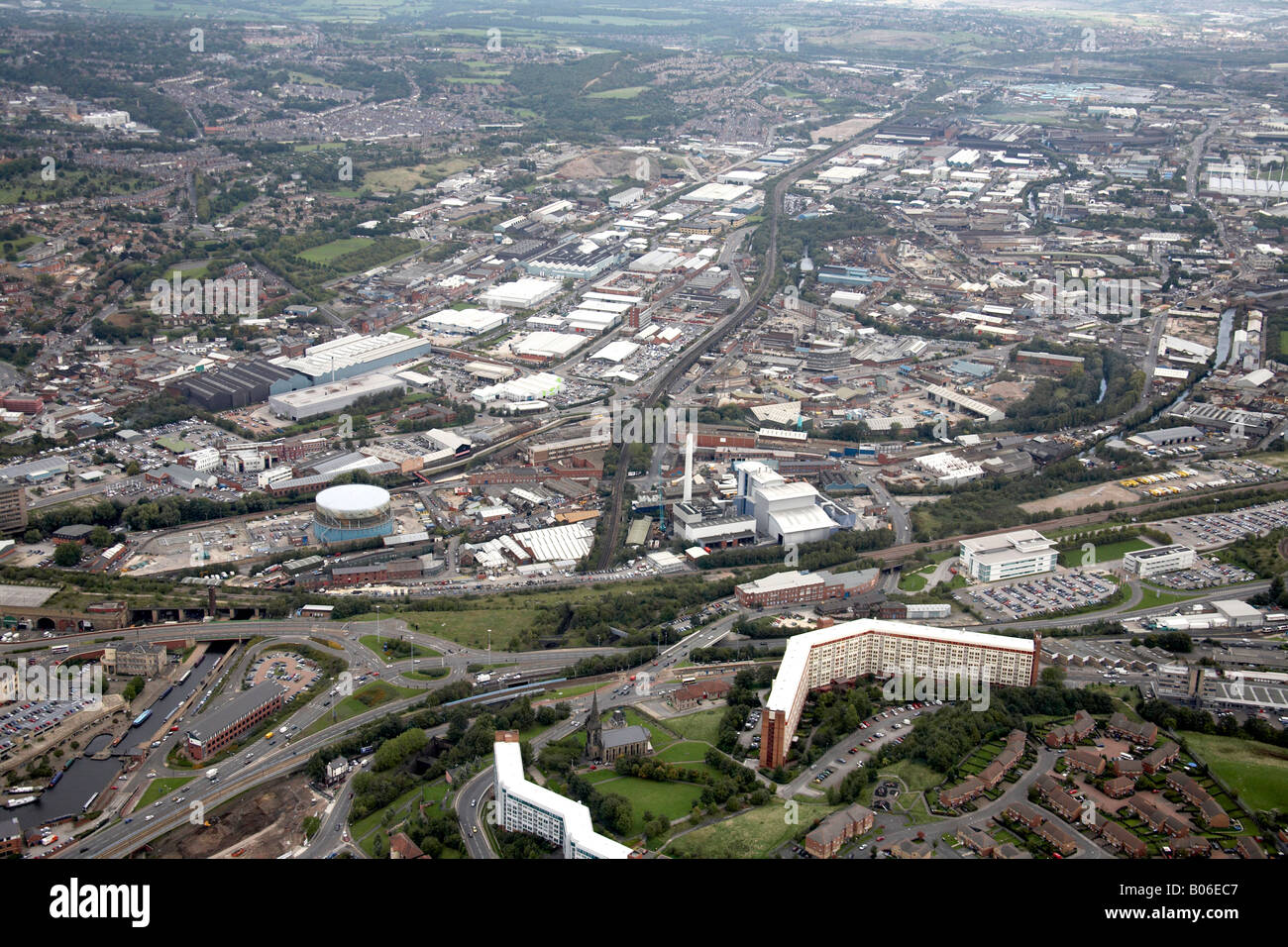 Aerial view north east of Sheffield Parkway A57 road and A61 Canal Basin Restored Dry Dock industrial estates Sheffield S4 South Stock Photo