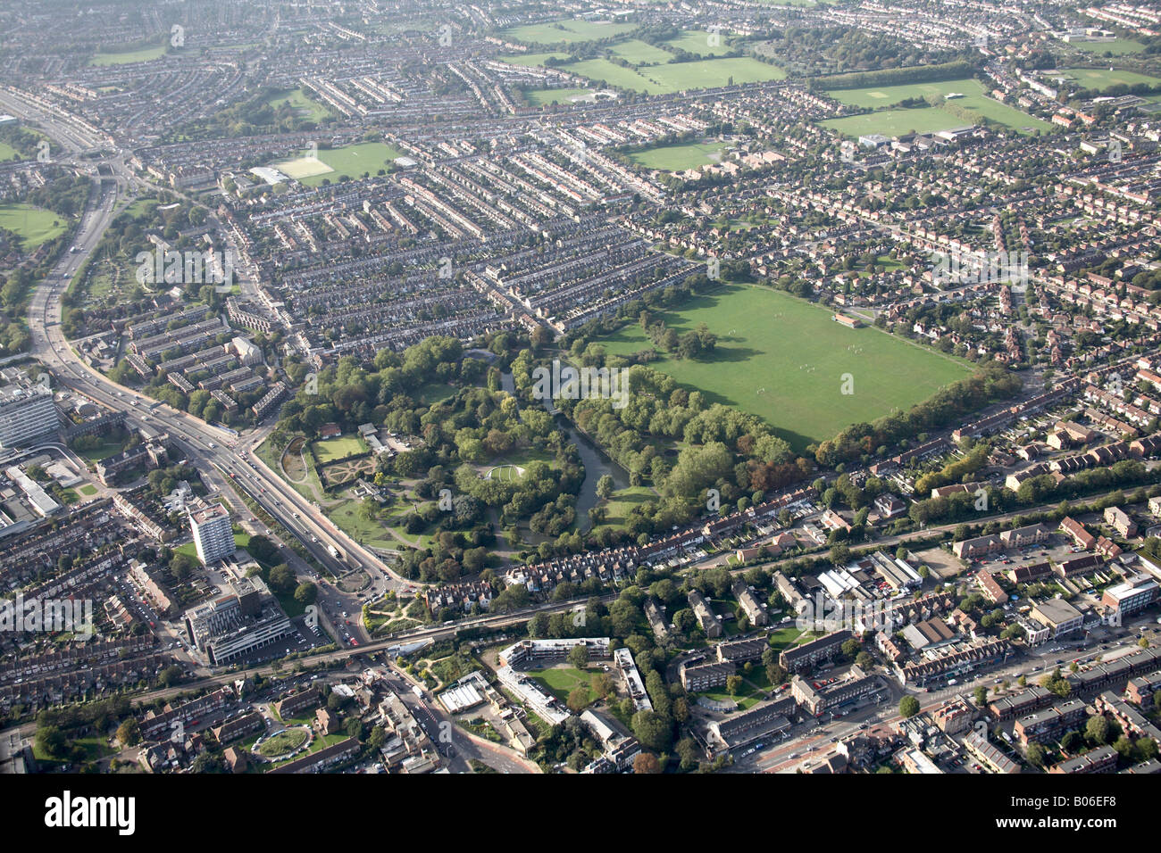 Aerial view north west of Pymmes Park suburban houses Sterling Way Great Cambridge Junction playing fields Edmonton London N18 N Stock Photo
