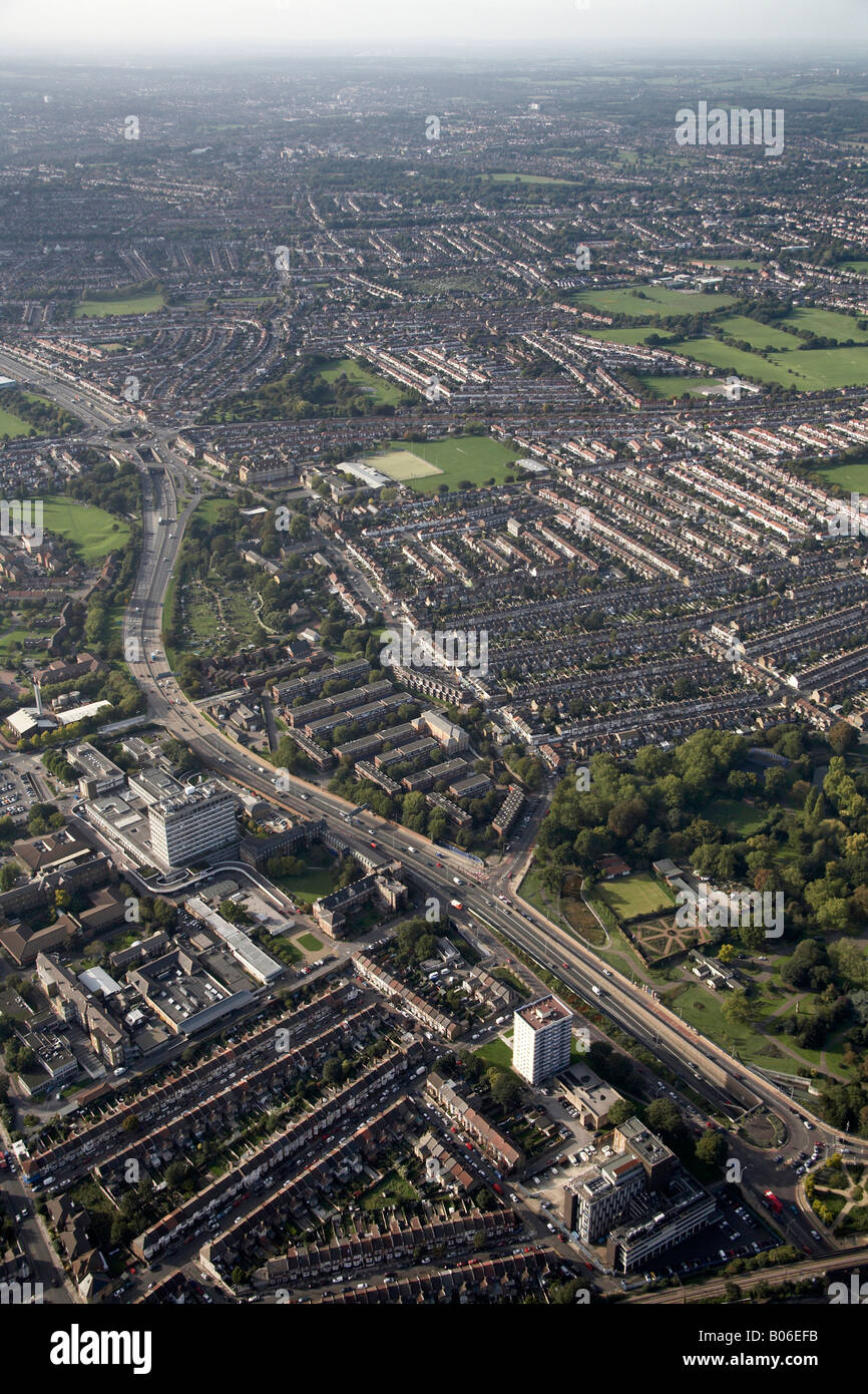 Aerial view north west of Sterling Way North Circular Road Great Cambridge Junction playing fields suburban houses Edmonton Lond Stock Photo