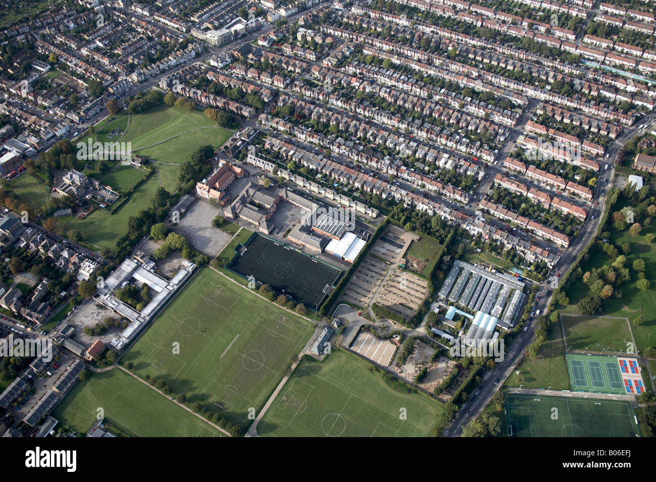 Aerial view north west of Woodside Park School playing field New River Sports and Recreation centre tennis courts High Road Lond Stock Photo
