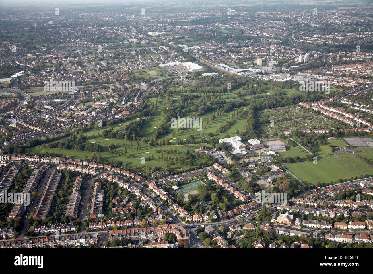 Aerial view north of Muswell Hill Golf Course Recreation Ground Tennis Courts suburban houses Grosvenor Road London N10 N11 UK Stock Photo