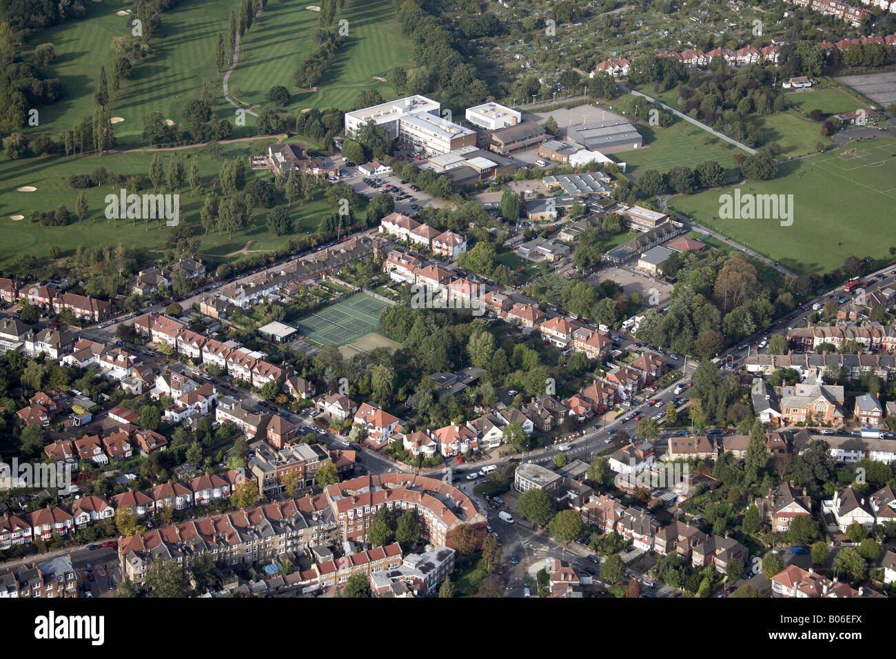 Aerial view north of Muswell Hill Golf Course Recreation Ground Tennis Courts suburban houses Albert Road London N10 N11 N22 UK Stock Photo