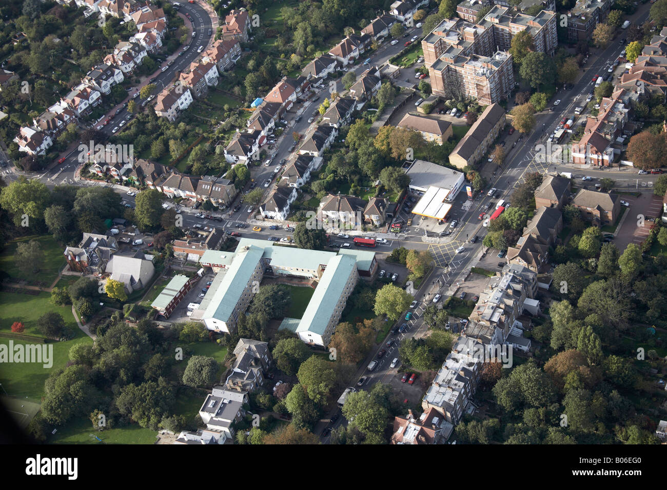 Aerial view north west of Whitehall Lodge School suburban houses and tower blocks Colney Hatch Lane Muswell Hill London N10 UK Stock Photo