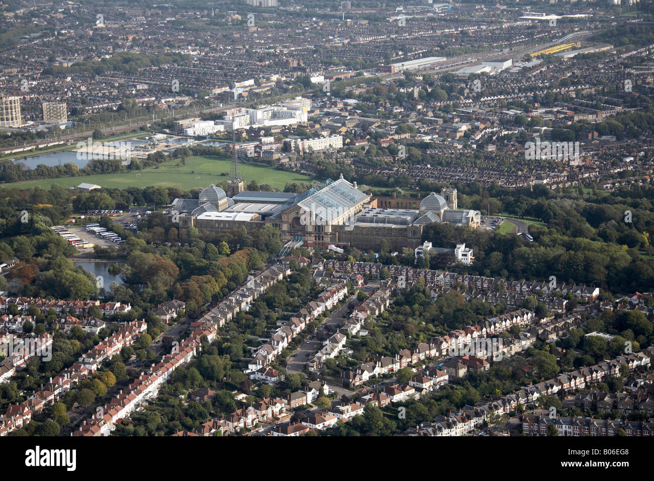 Aerial view south east of Alexandra Palace and Park Lake Reservoir suburban houses Muswell Hill Hornsey London N22 N10 N8 UK Stock Photo