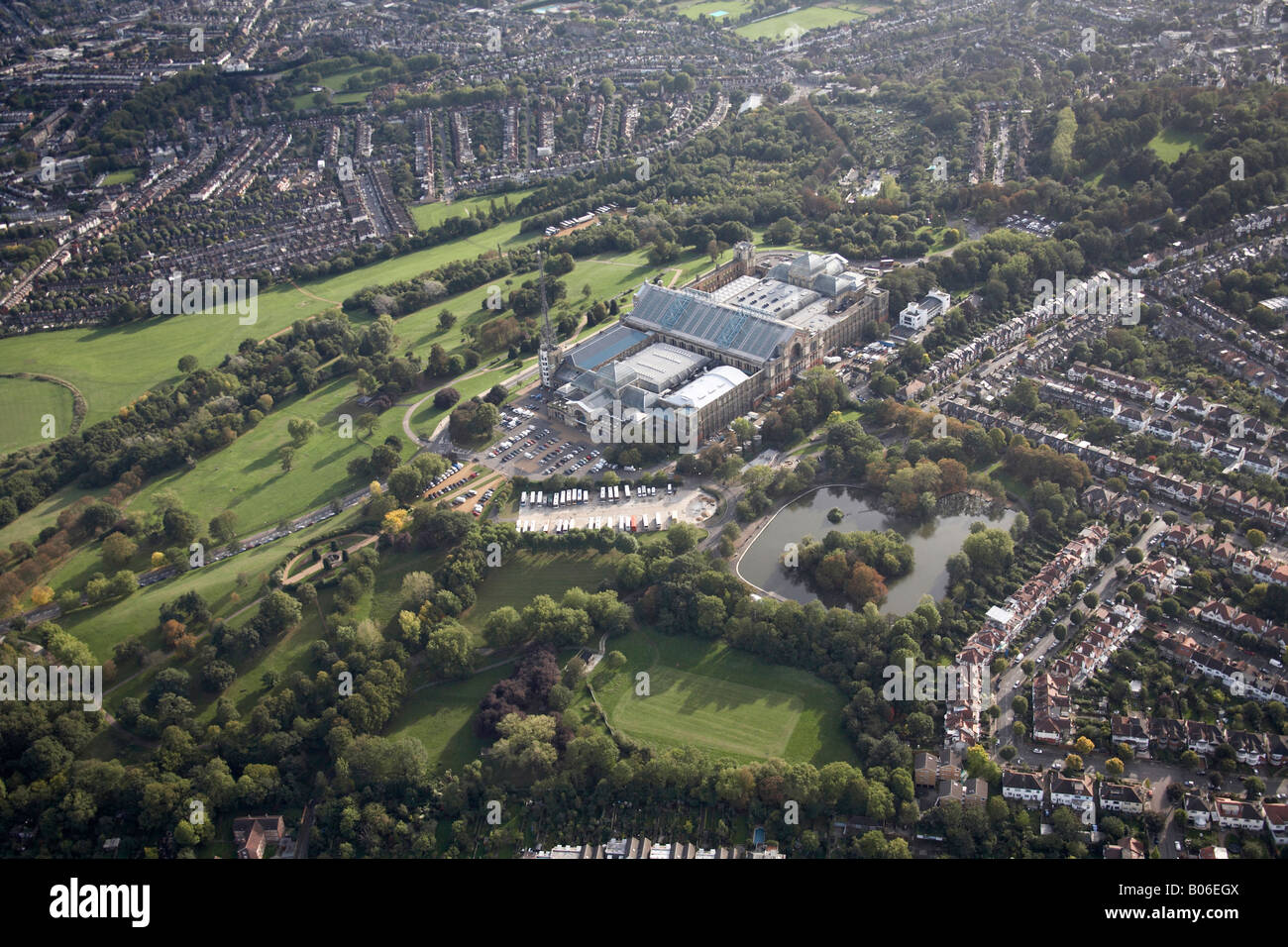 Aerial view south west of Alexandra Palace and Park Lake suburban houses Dukes Ave Muswell Hill Hornsey London N22 N10 N8 UK Stock Photo