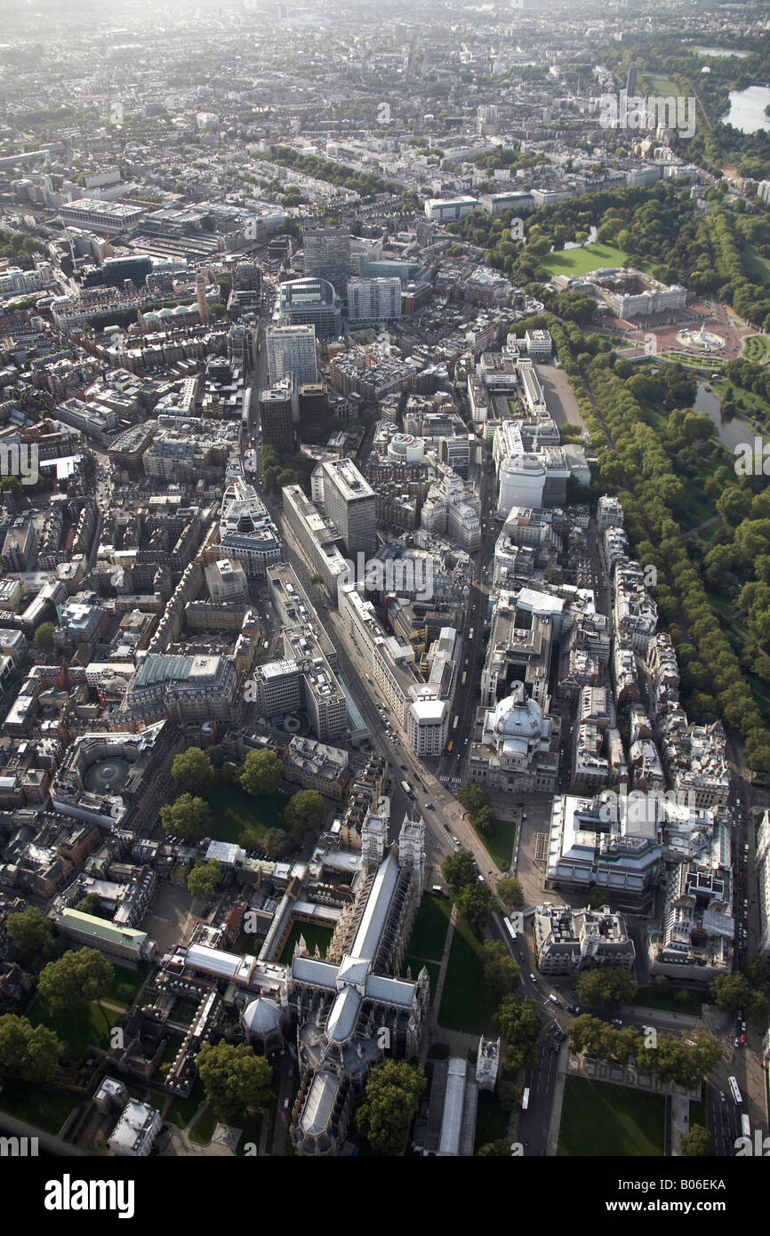 Aerial view north west of inner city buildings Westminster Abbey Victoria Street Buckingham Palace St James s Park London SW1 En Stock Photo