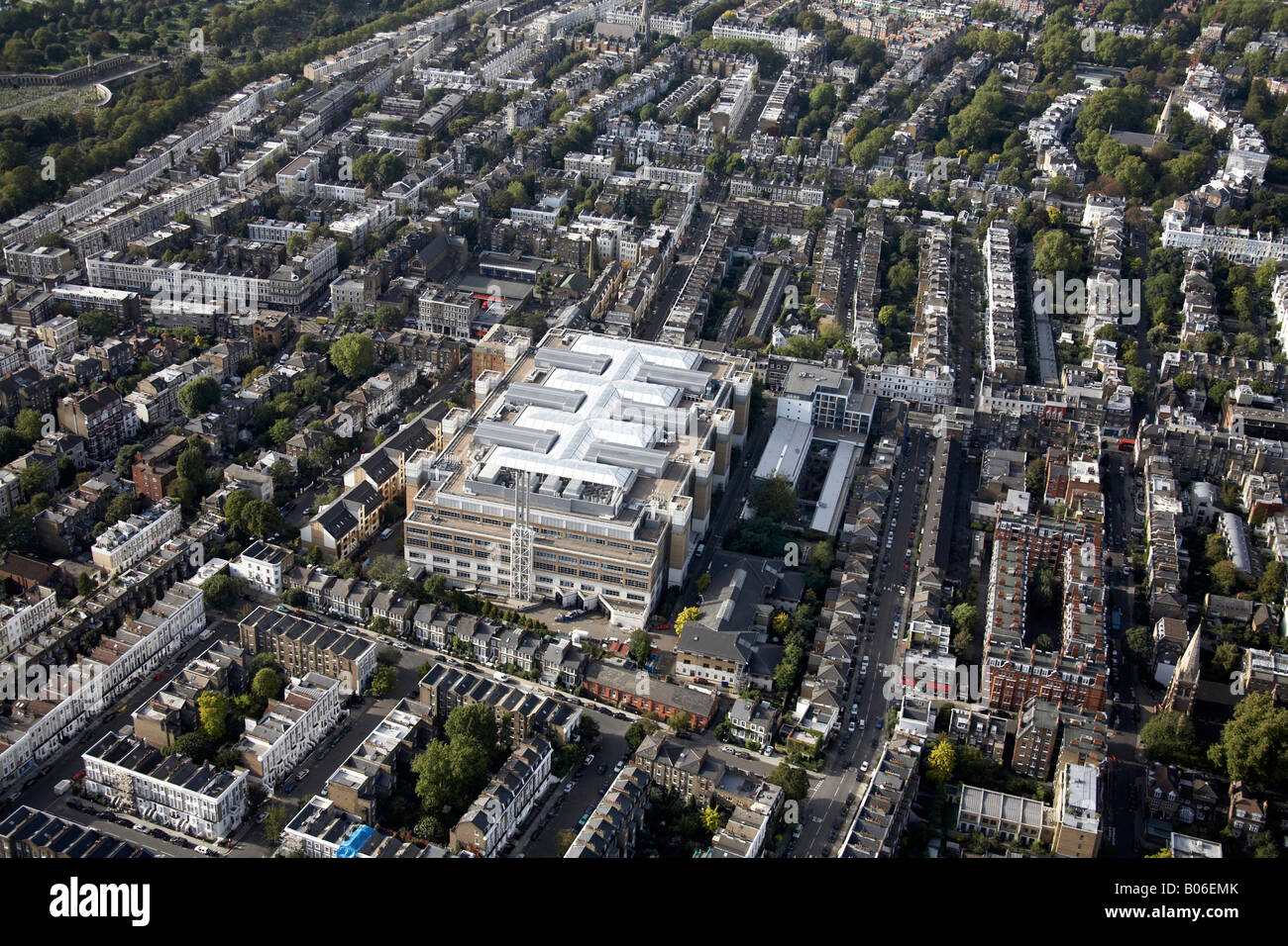 Aerial view north west of Chelsea and Westminster Hospital Fulham Road Limerston Street inner city buildings West Brompton Londo Stock Photo