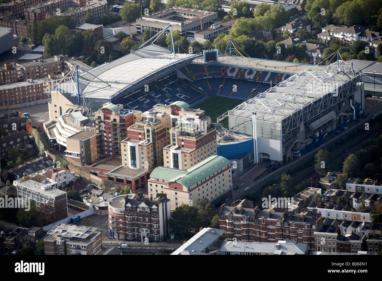 Aerial view north west of Stamford Bridge Chelsea Football Club The London Oratory School flats Fulham Broadway London SW6 Engla Stock Photo