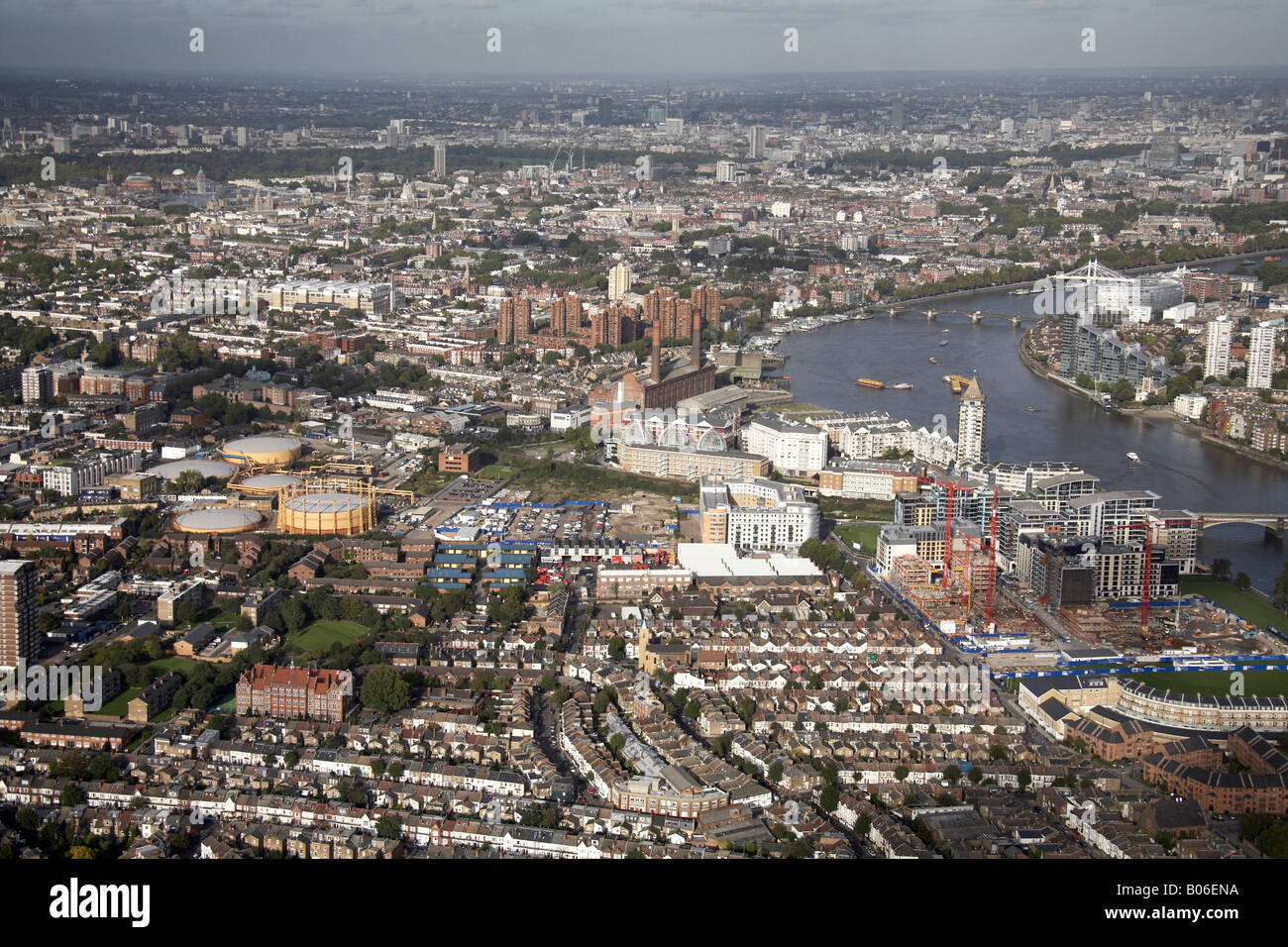 Aerial view north east of Fulham Kensington Chelsea Sands End Gas Works