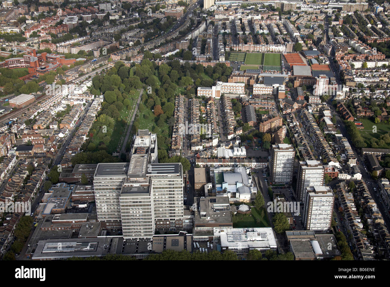 Aerial view north east of Barons Court Queen s Club Tennis Courts Hammersmith Cemetery Charing Cross Hospital London W6 W14 UK Stock Photo