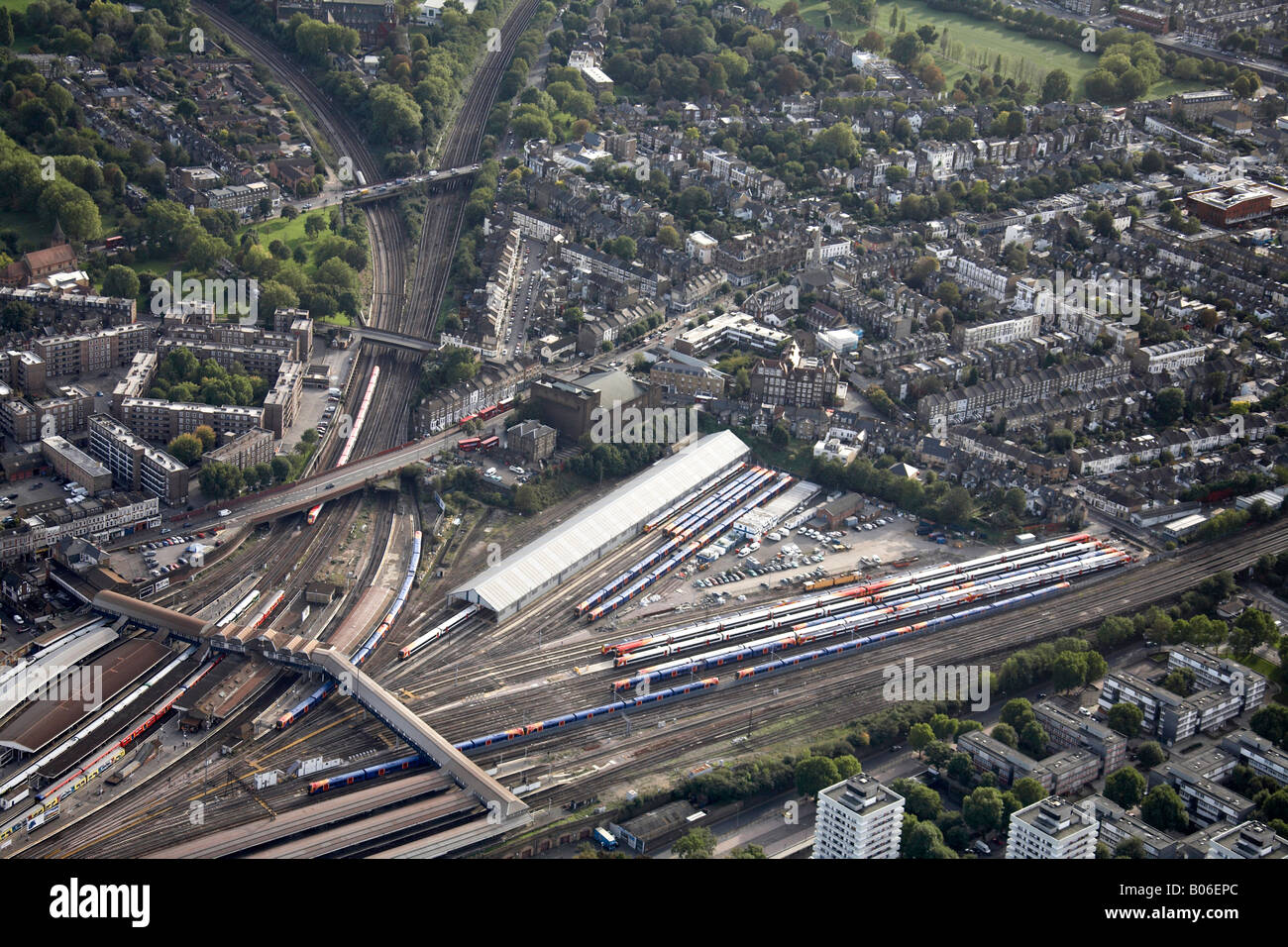 Aerial view south west of Clapham Junction railway lines suburban