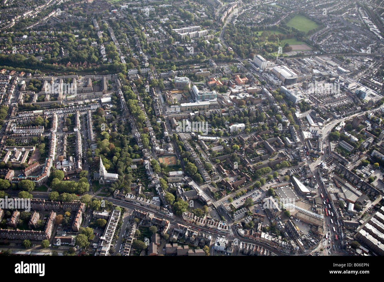 Aerial view south east of Camberwell Green suburban houses flats St Giles Church Denmark Hill London SE5 England UK Stock Photo