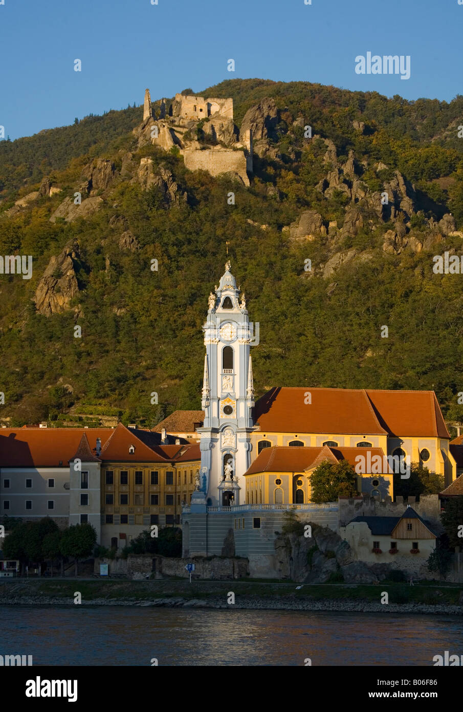 Durstein Blue Church and Castle on Danube River in Austria Stock Photo