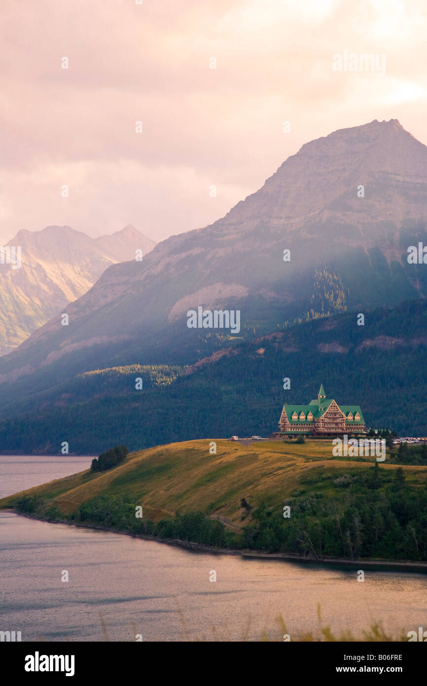 Waterton Lake and Prince of Wales Hotel, Waterton Lakes National Park, Alberta, Canada Stock Photo