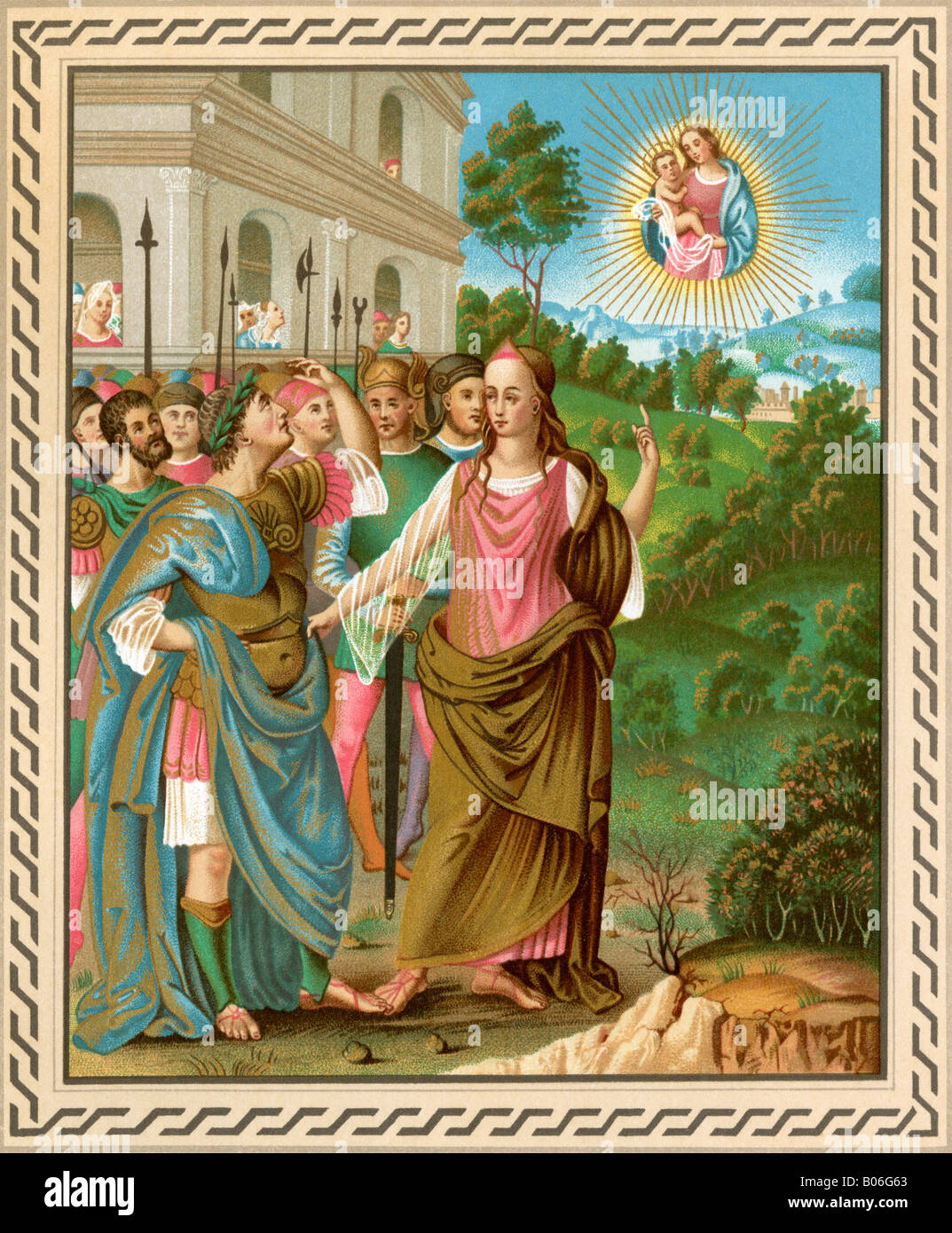 Female prophet announcing the coming of Jesus Christ to Roman Emperor Augustus. Color lithograph Stock Photo