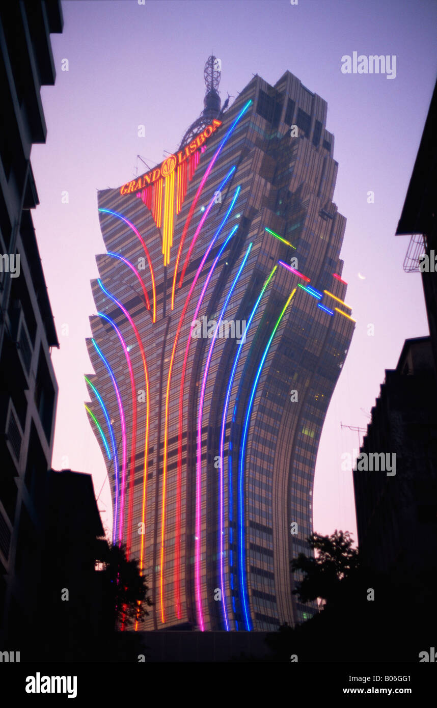 China, Macau, Grand Lisboa Hotel and Casino Night Lights Stock Photo