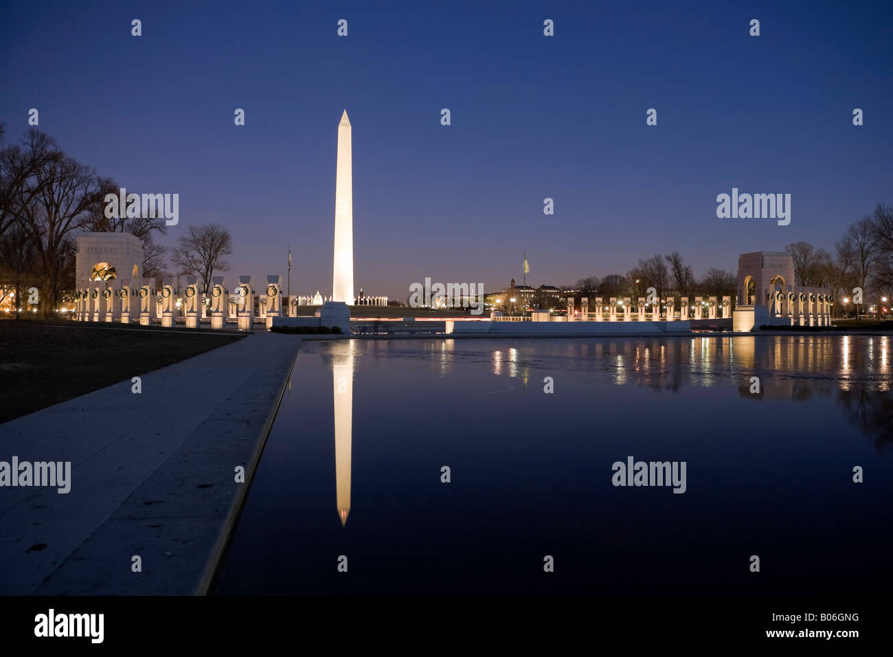 WWII Memorial and Washington Monument, Washington DC, USA Stock Photo