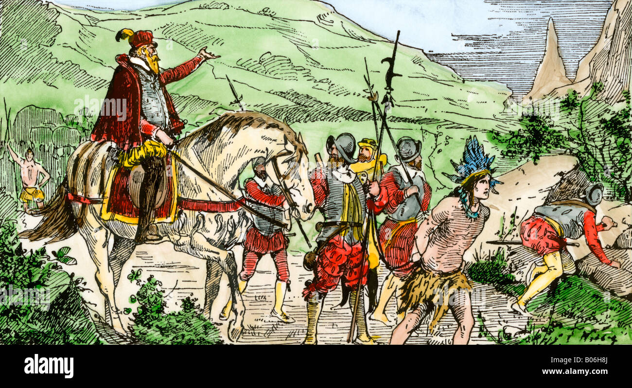 Nicolas de Ovando leading army on Hispaniola setting out for Xaragua 1500s. Hand-colored woodcut Stock Photo