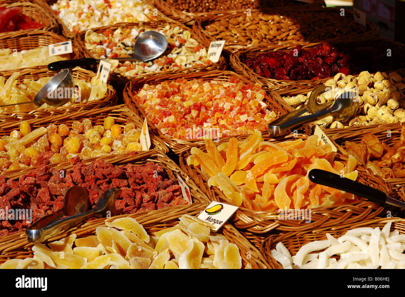 Baskets of dried fruit for sale on a market stall Stock Photo Alamy