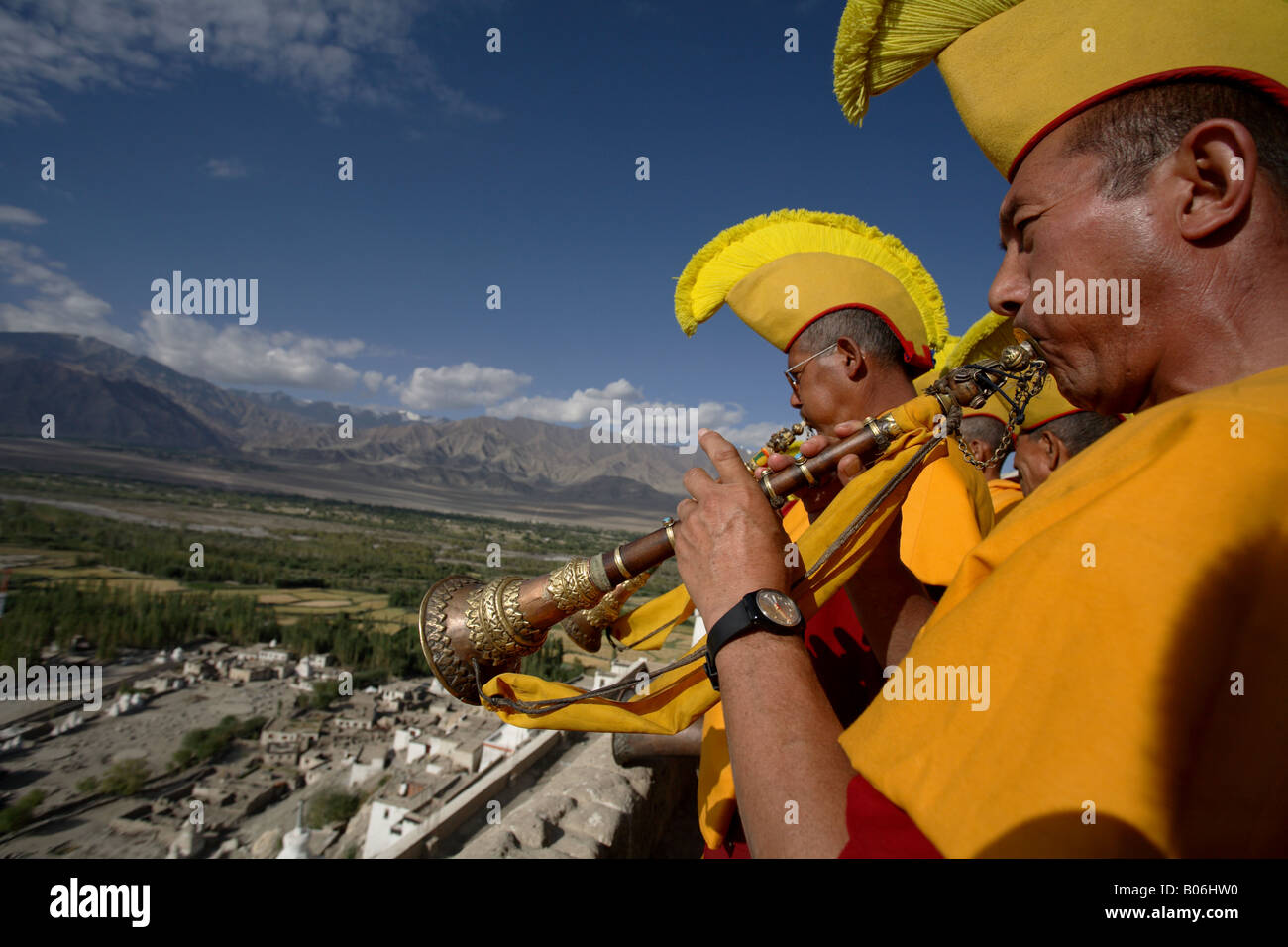 monks playing on Thiksey rooftop,India,Ladakh Stock Photo