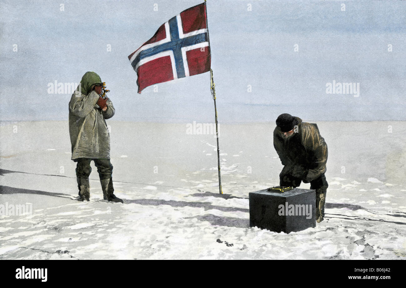 Roald Amundsen first to reach the South Pole fixing position at the pole 1911. Hand-colored halftone of a photograph Stock Photo