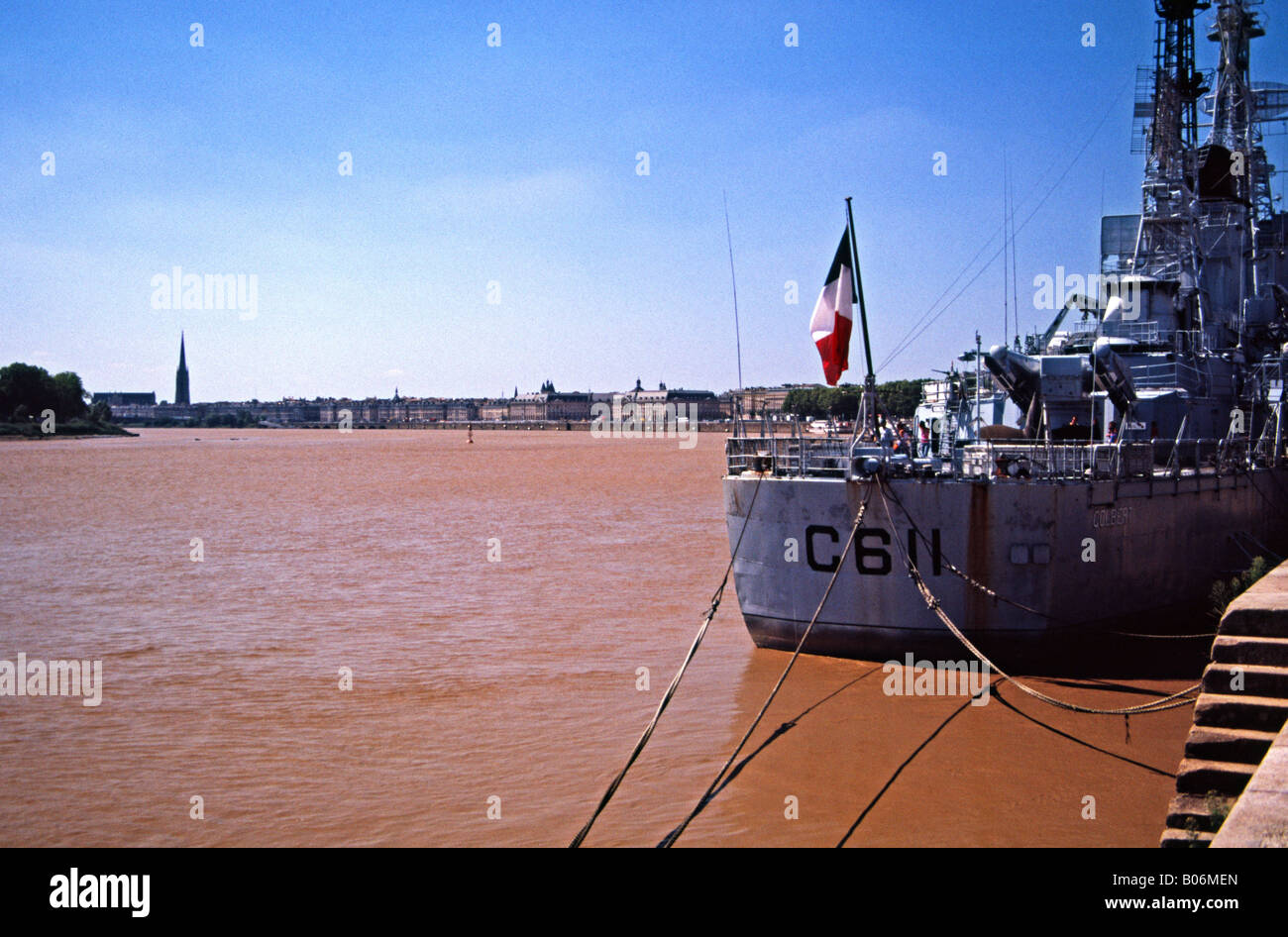 Horizontal color photo of the Colbert french warship moored on the Chartrons wharf in Bordeaux Stock Photo