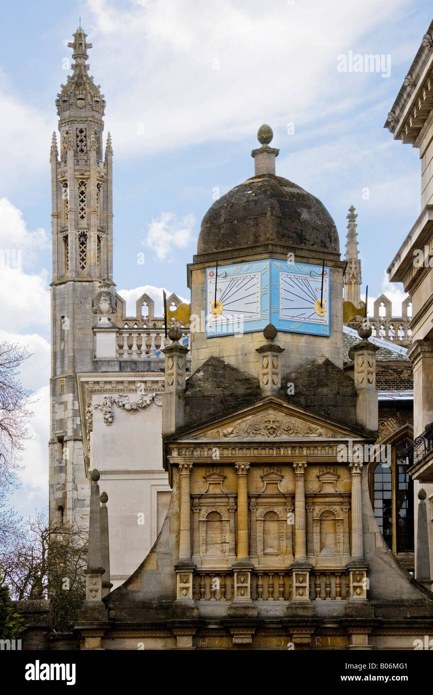 The 'Gate of Honour' showing the sundials at Gonville & Caius College, Cambridge University, Cambridge, England, UK Stock Photo