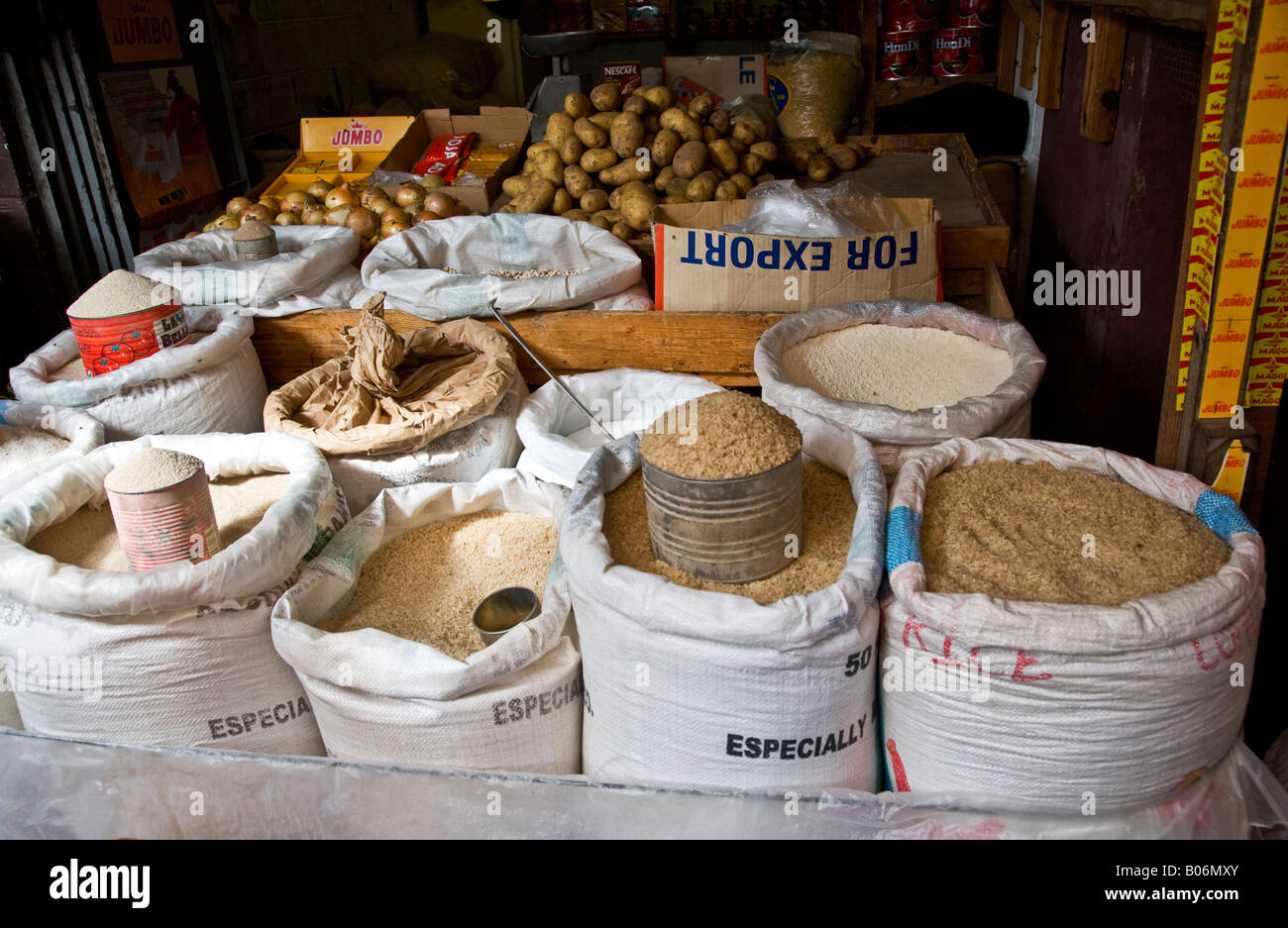 Stall or shop selling grain, rice and cereal in Albert Market, Banjul, The Gambia, Africa Stock Photo