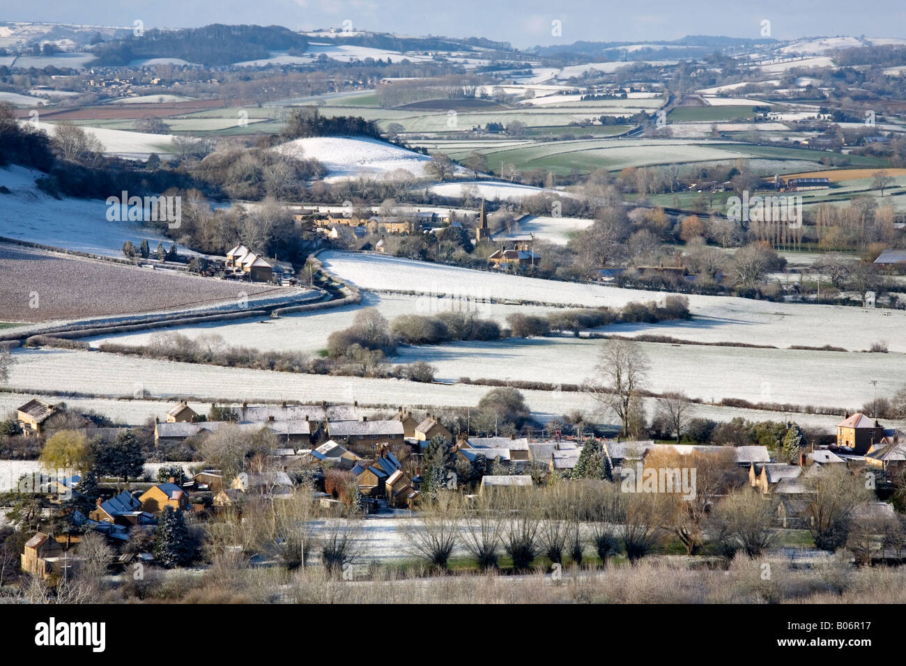 Villages and landscape near Yeovil viewed after a fall of snow in April Stock Photo